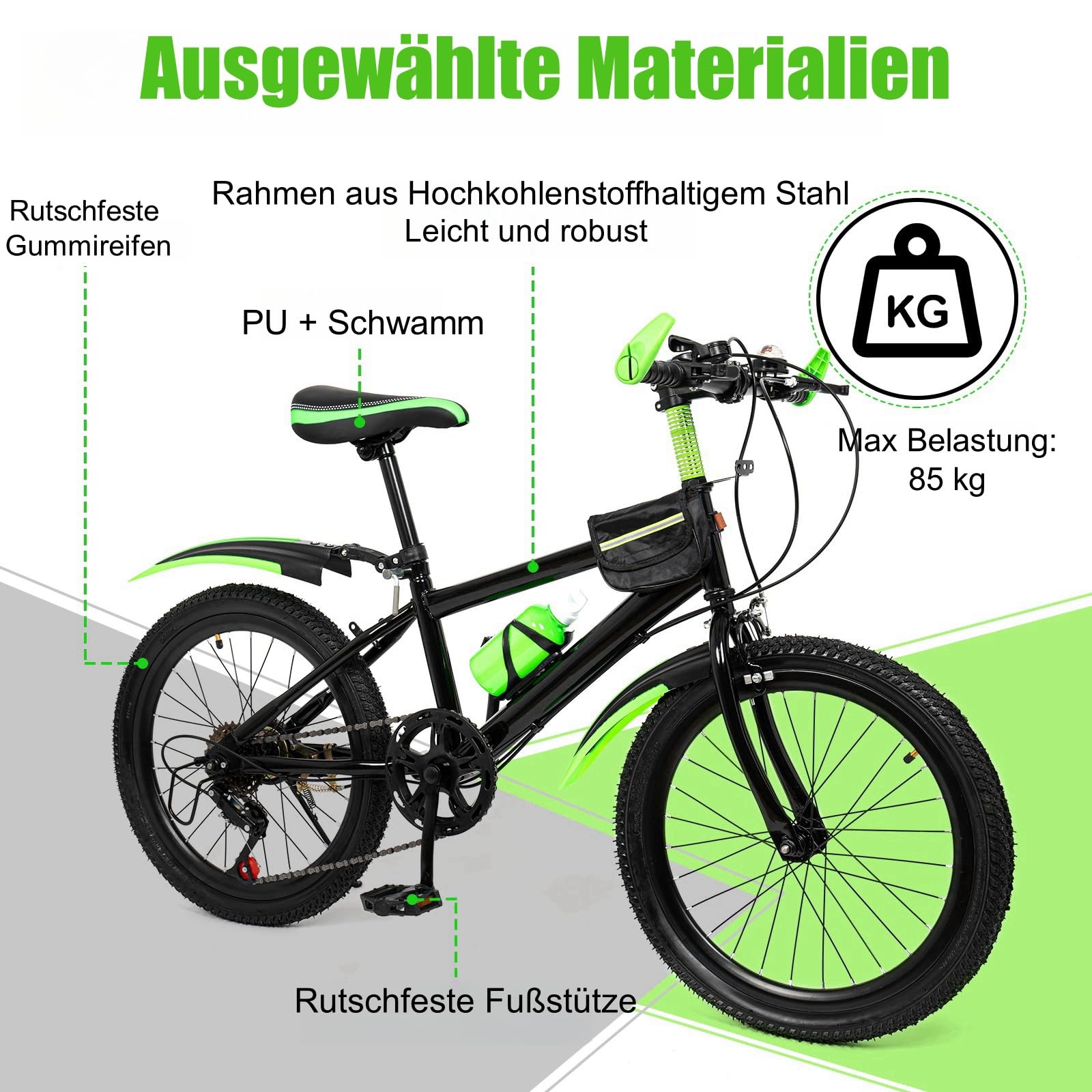 Mountain bike da 20 pollici, bicicletta per bambini, per ragazzi e ragazze, mountain bike a 7 marce, con parafango, bottiglia d'acqua, campana bussola, portata 85 kg, da 8 a 13 anni