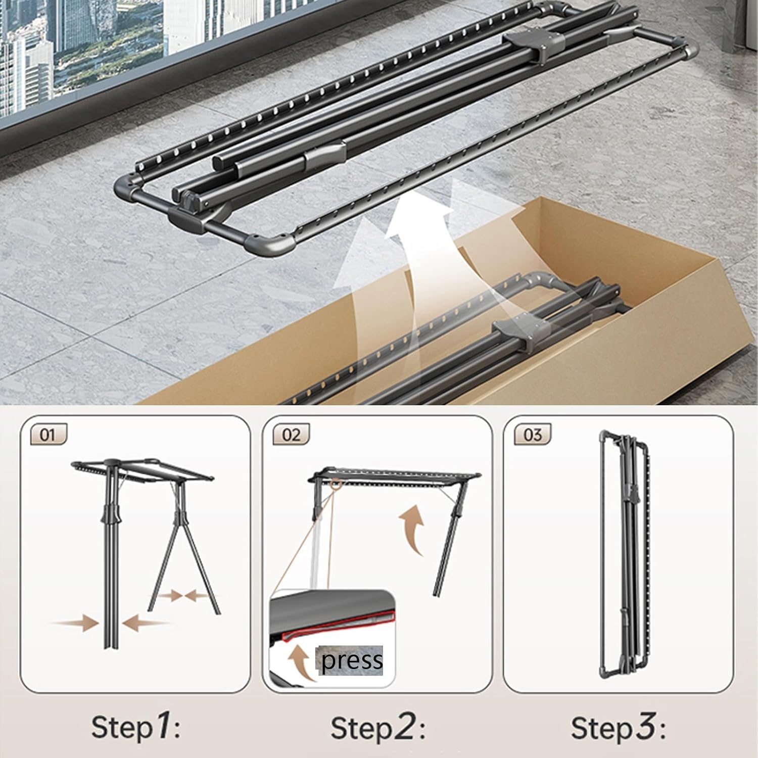 Double Rod Clothes Rack - Adjustable & Foldable Laundry Drying Rack for Indoor/Outdoor Use, Space-Saving Design Perfect for Balconies (Champagne Color)