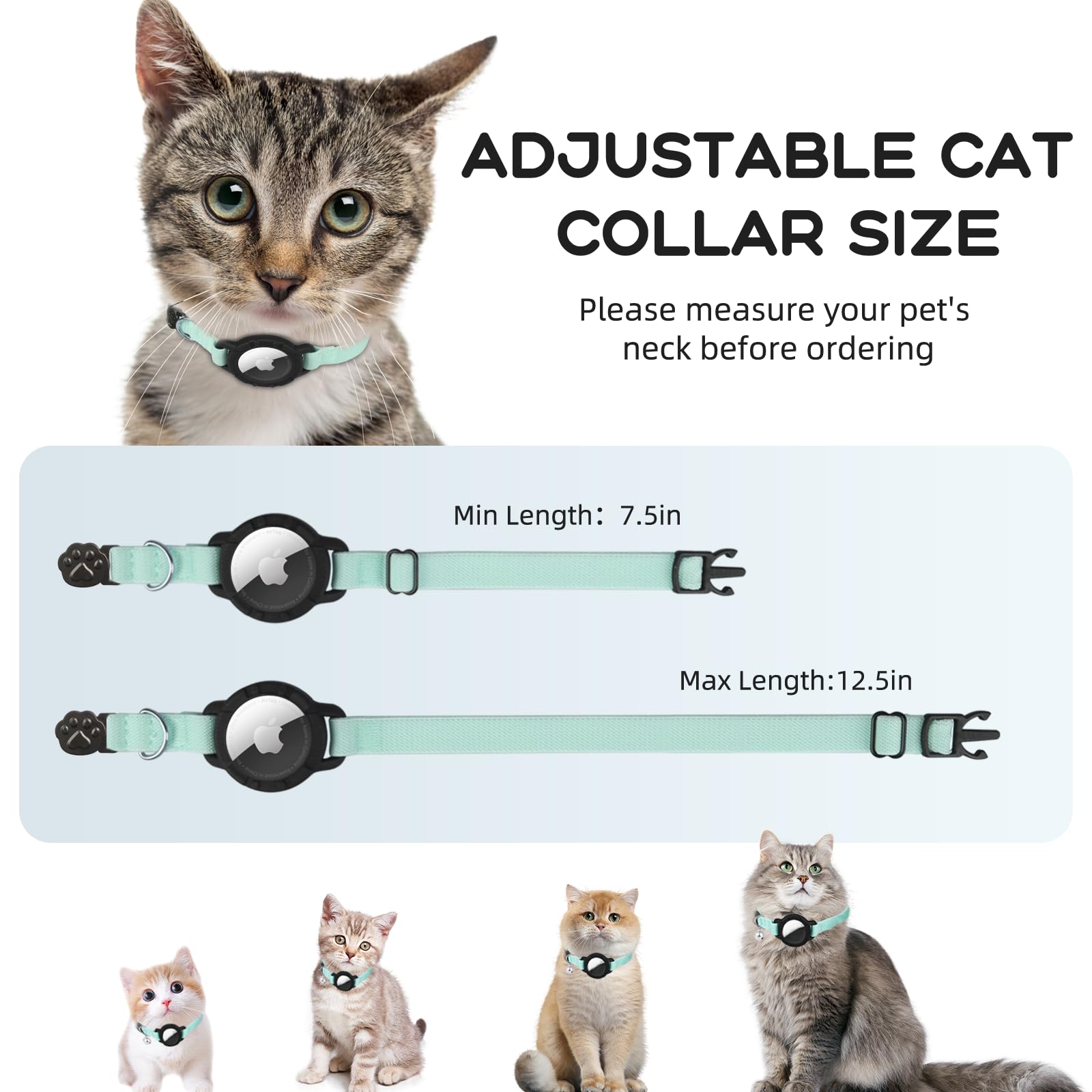 AirTag Katzenhalsband, sucegi dehnbares Kätzchenhalsband mit Apple-Airtag-Halterung und Glocke, Breakaway-Design, ultraelastisches GPS-Tracking, Katzenhalsbänder für Katzen und Welpen, (19,1 - 32,5 cm