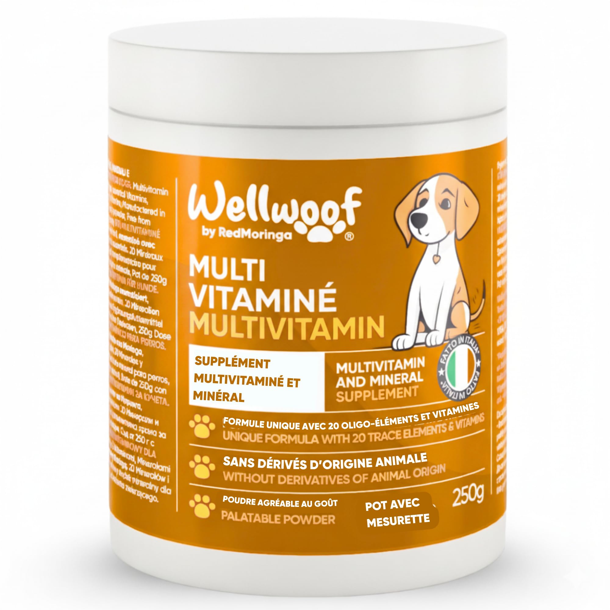 Complément Multivitaminé Complet 11 en 1 | Poudre pour Chiens (250g) | 20 Vitamines et Minéraux & Moringa Bio | sans Appétents Animaux | Idéal pour Régime Maison | Fabriqué en Italie - WELLFOOF