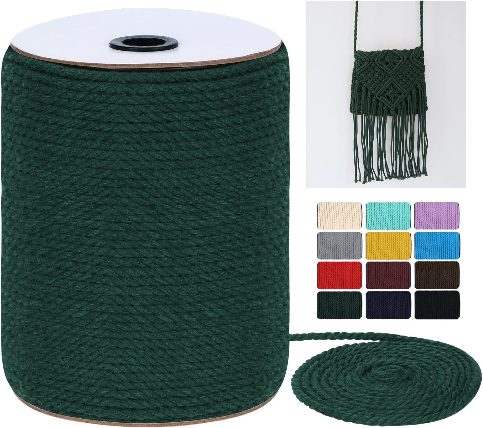 Macrame Cord 4mm x 328Yards (984Feet), Colored Natural Macrame Rope - 3 Strands Twisted Colorful Macrame Cotton Cord for Wall Hanging, Plant Hangers, Gift Wrapping and Wedding Decorations, Dark Green