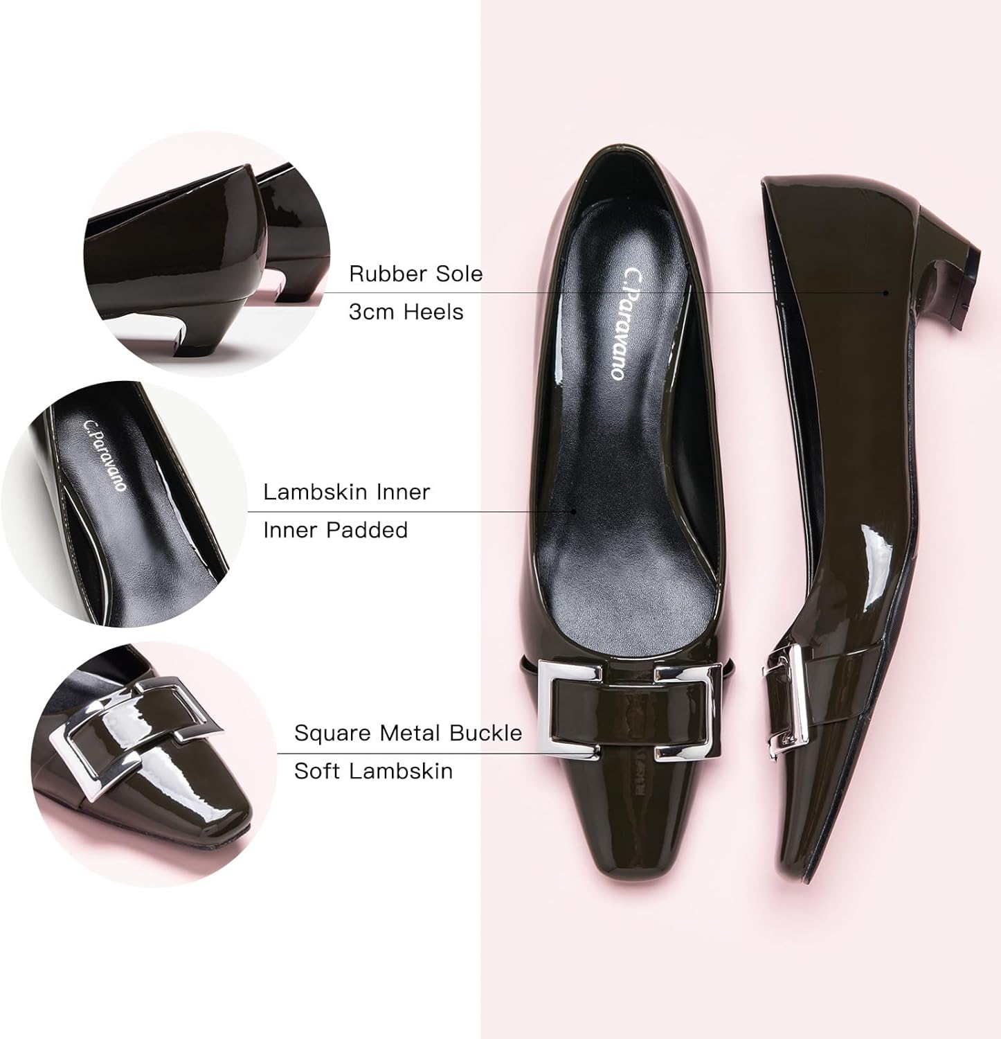 C.Paravano Chunky Heel Square Toe DarkGreen Low Heels Dress Pumps Shoes Glossy Leather Low Block Heels(DarkGreen, 39) - Image 4