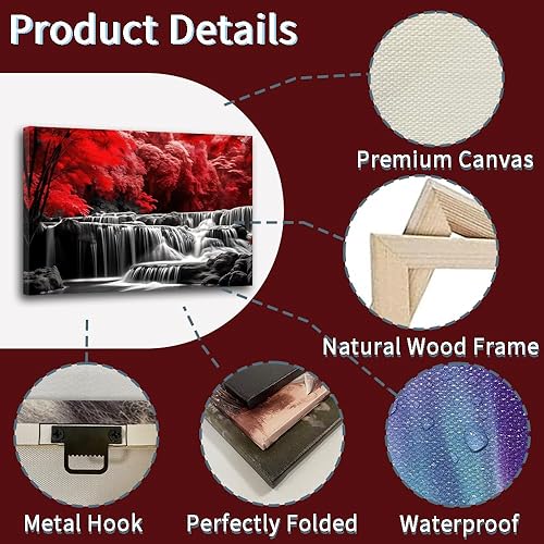 Miniatura 6 de ZHOUWALLPIC Lienzo decorativo para pared, diseño de bosque de cascada, paisaje de árbol rojo, pintura en blanco y negro, decoración del hogar