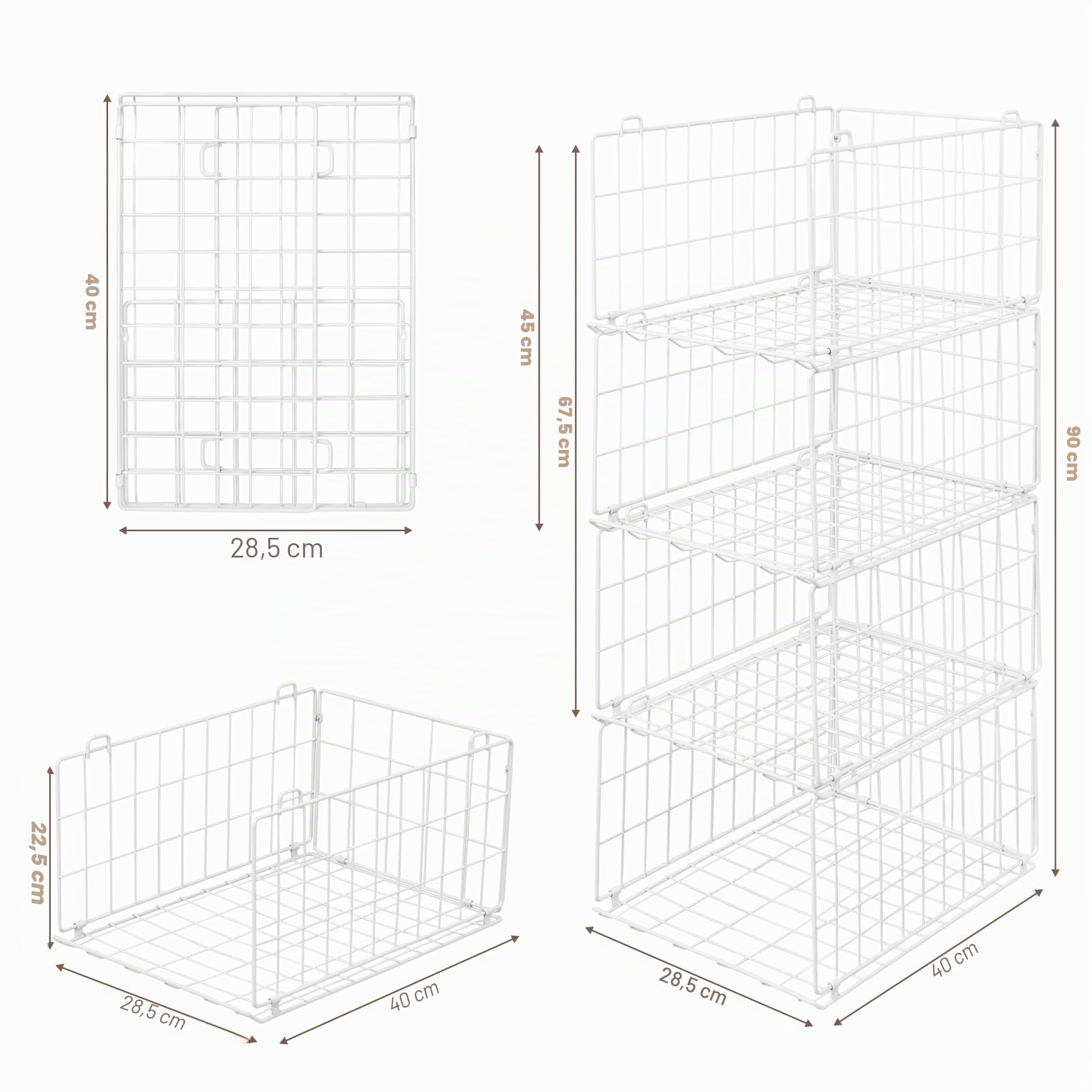 QIWODE Lot de 4 paniers de rangement empilables en fil métallique pour vêtements Blanc