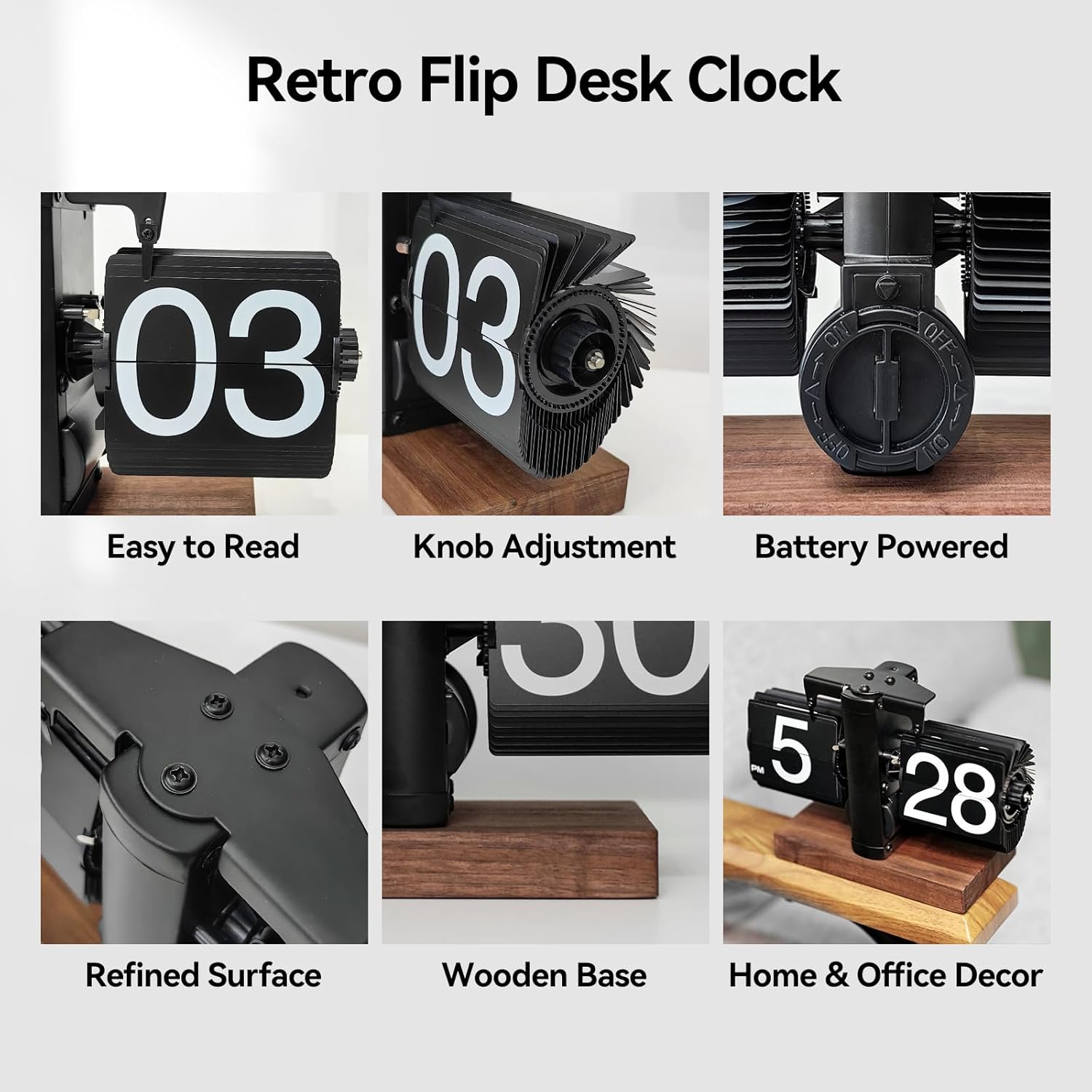 Flip Desk Clock (Wood Black), Retro Vintage Auto Down Table Clock, Large Number Mechanical Battery Powered Internal Operated Clocks for Home & Office Decor