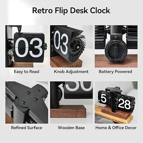 Miniatura 2 de Reloj de escritorio abatible (madera negra), reloj de mesa retro vintage automático abatible, gran número, mecánico, funciona con pilas, relojes