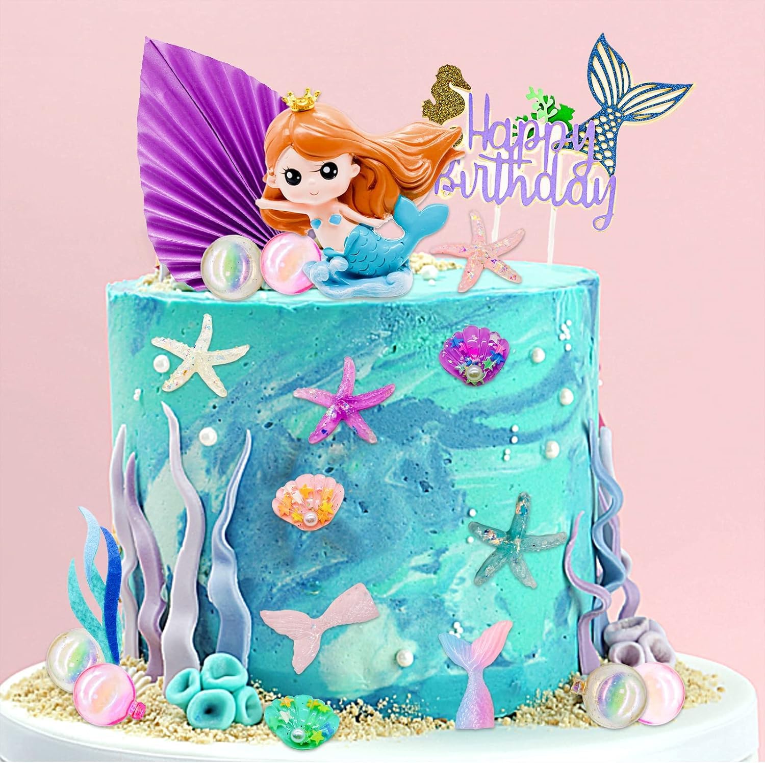 ZWLIYCHN Mermaid Cake Topper 24Pcs, Mermaid Cake Decorations with Ariel, Palm Leaves, Sea Animals & Balls - Image 2