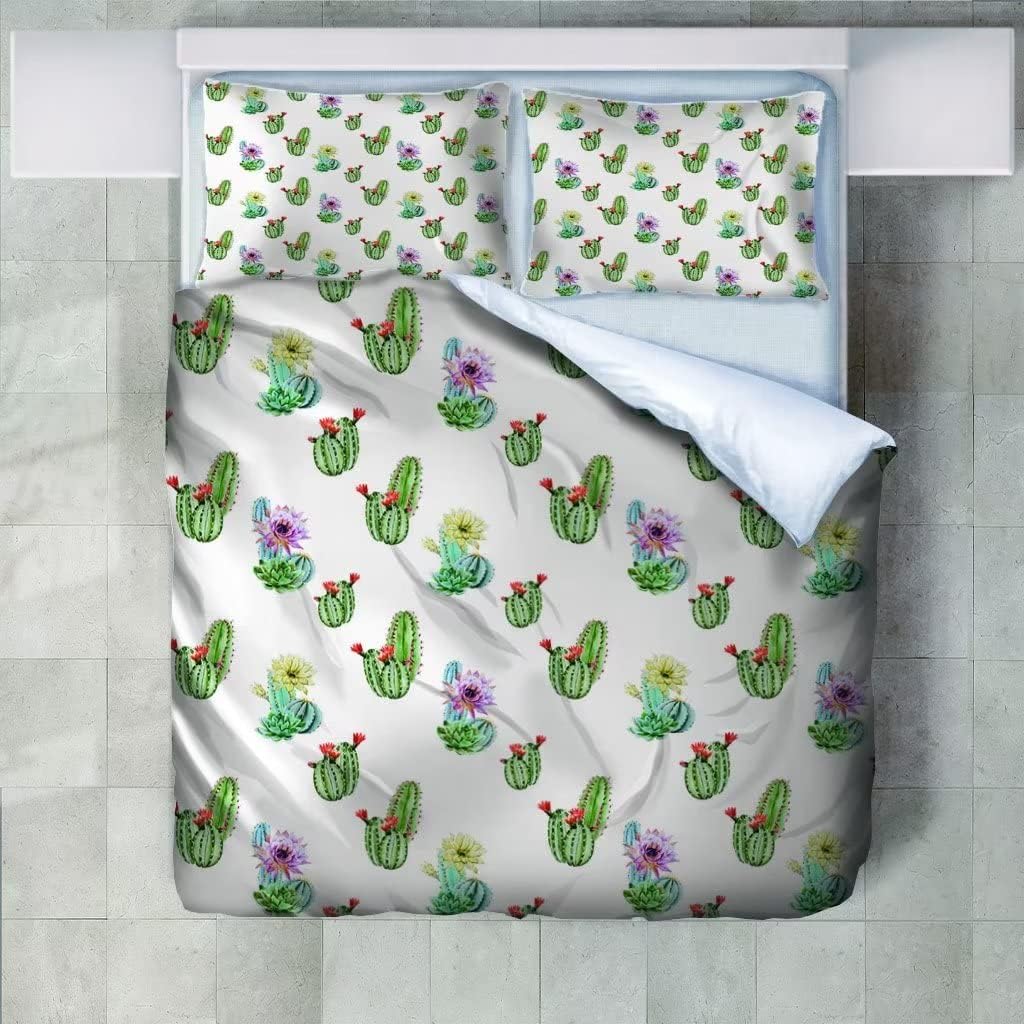 Cartoon Cactus Twin Duvet Cover Flowering cactus Twin Comforter Cover Kids Duvet Cover with Zipper Closure Breathable Soft Friendly Microfiber Duvet Cover 68"x 90" + 2 Pillow Shams 20"x 26"
