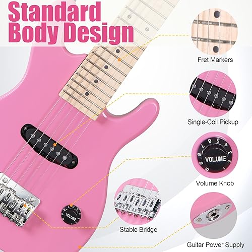 Vista 6 de ZENY Guitarra eléctrica infantil de 30 pulgadas con amplificador de 5 W, bolsa de concierto, correa, cable, cuerdas y púas, kit de accesorios Rosa
