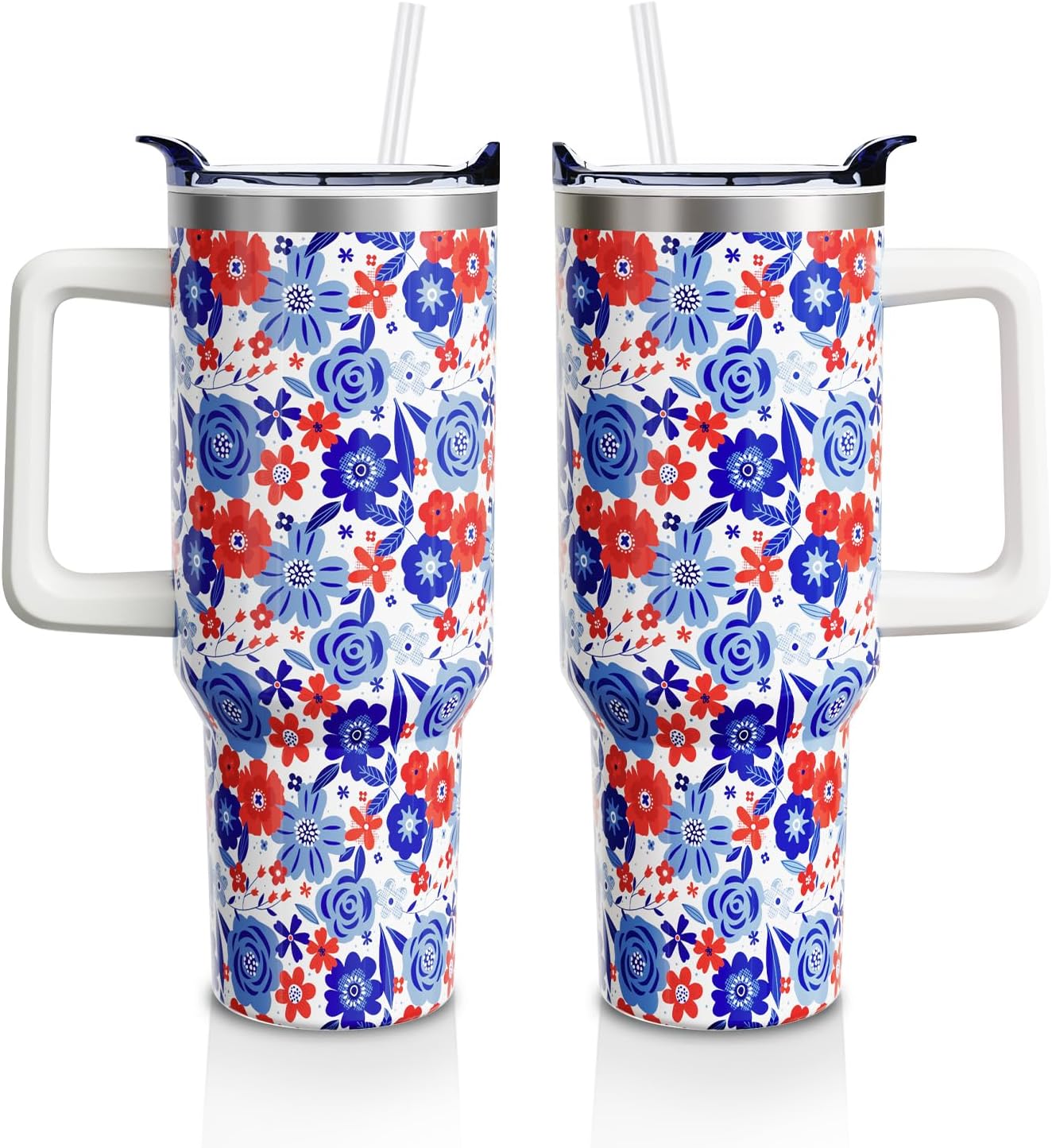 Red and Blue Floral Cup Gifts for Women Men, Patriotic 40oz Tumbler with Handle and Straw, 4th of July Flower Stainless Steel Insulated Water Bottle (1 PC)