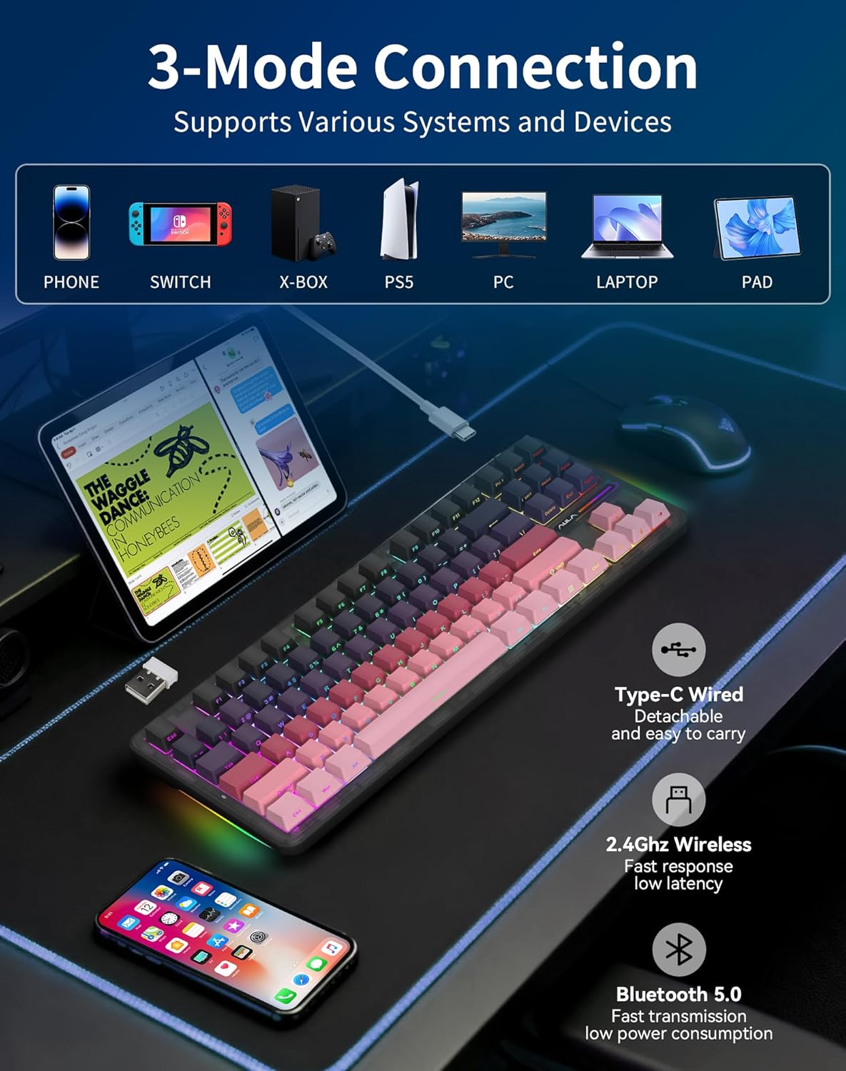 AULA F87 Pro Wireless Mechanical Keyboard, 87-Key TKL 8000mAh Battery, Tri-Mode (BT5.0/2.4G/USB-C), Hot Swappable Gasket Mount Keyboard, RGB Backlit PBT Keycaps Custom Gaming Keyboard for PC Mac Phone