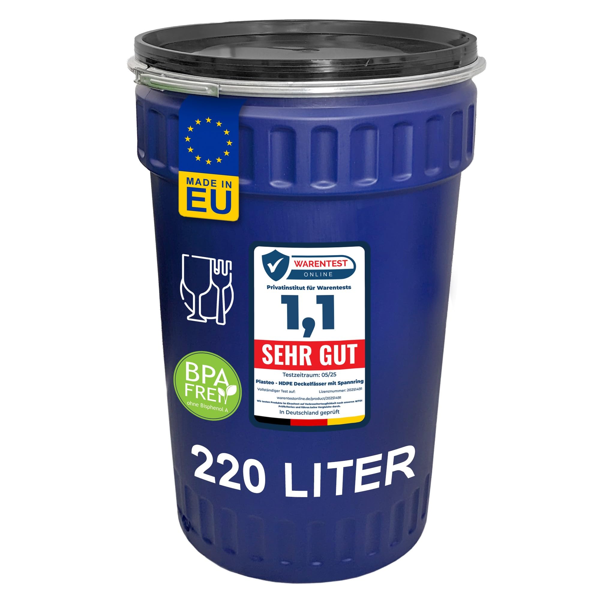 plasteo Fût à large ouverture de 220 litres avec couvercle et anneau de serrage, de qualité alimentaire et sans BPA, fût en plastique avec couvercle, fût de pluie, fût de stockage de choucroute