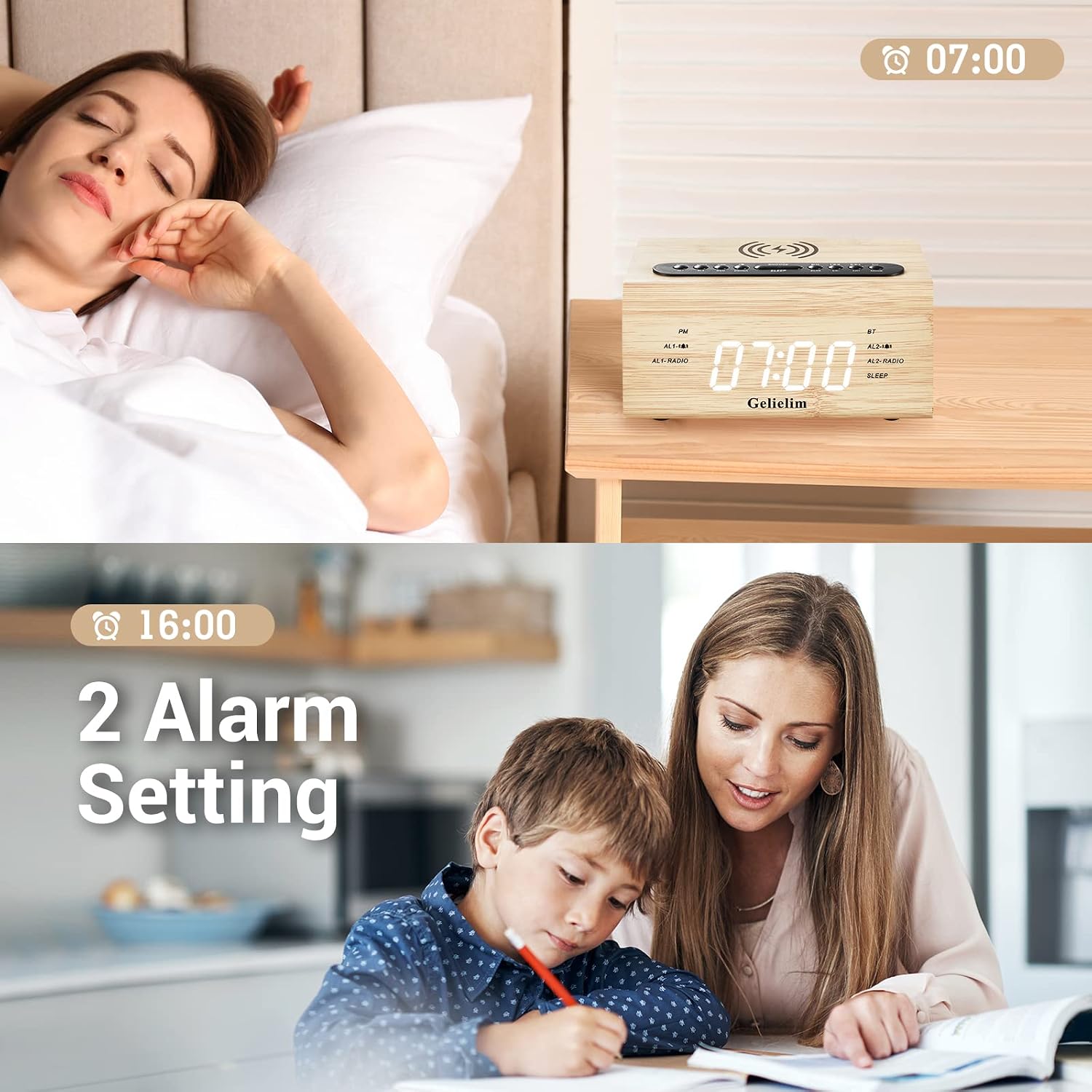 Gelielim Digital Alarm Clock Radio with two alarm settings shown, one for 7:00 AM and another for 4:00 PM.