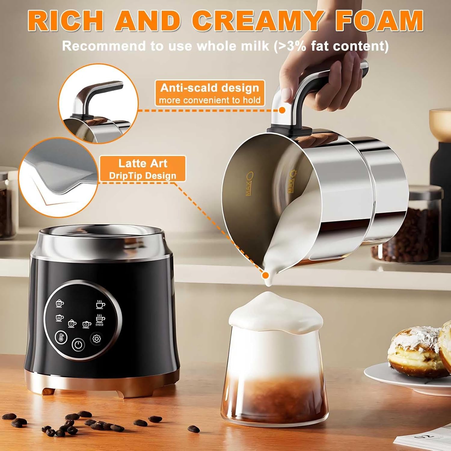 6-In-1 Detachable Electric Milk Frother - 1.2l Automatic Hot And Cold Milk Frother With Digital Display, Dishwasher Safe, Suitable For Lattes And Cappuccinos