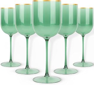 Blue Sky Green Plastic Wine Glasses With Gold Rim - 12oz (5-Pack) Reusable, Disposable Cups for Parties and Events