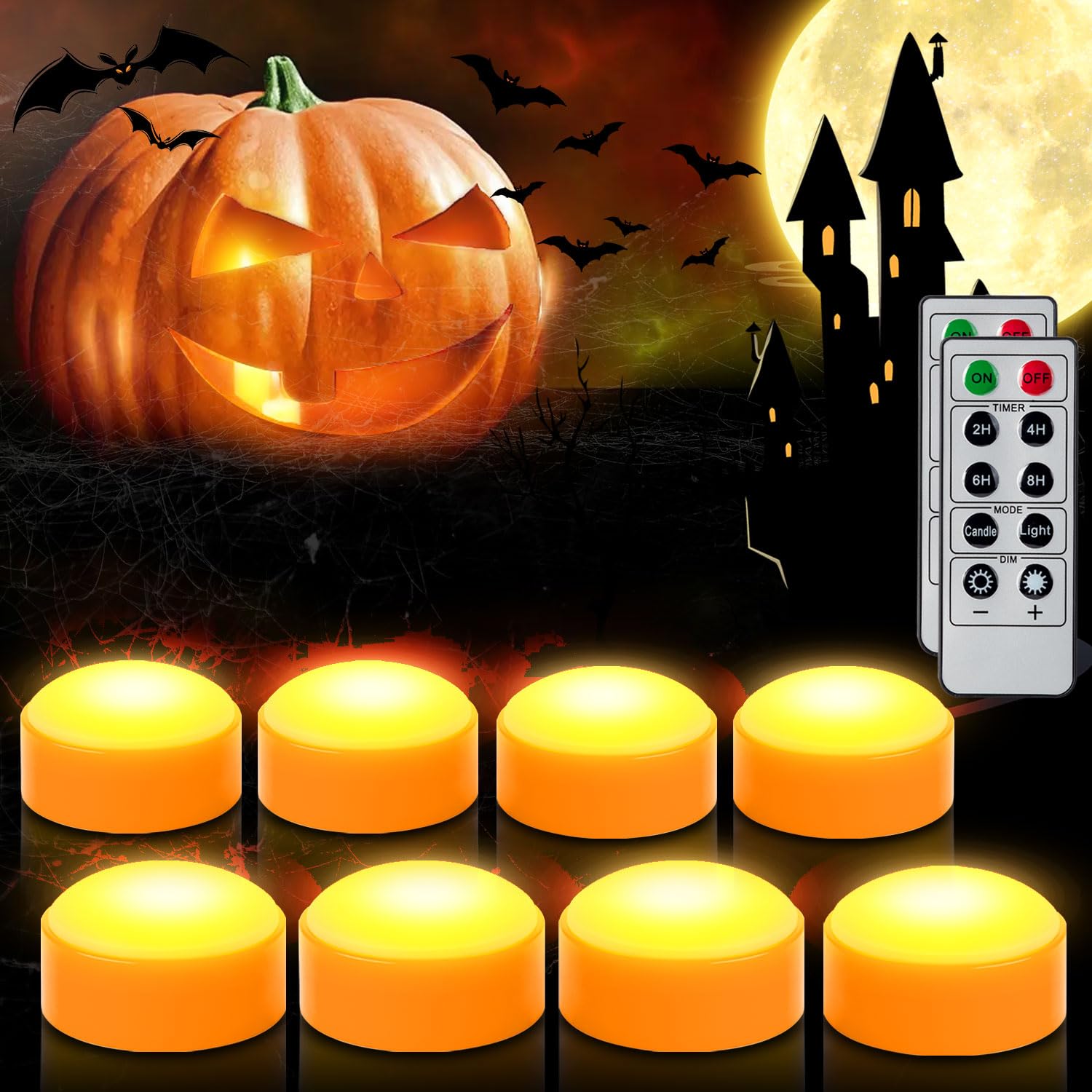 CANDLE IDEA 8 Stück Halloween LED Kürbis Lichter mit Fernbedienung und Timer, batteriebetriebene orange Jack-O-Laterne Lichter für Halloween Dekor, flammenlose Kerzen für Kürbis Dekoration