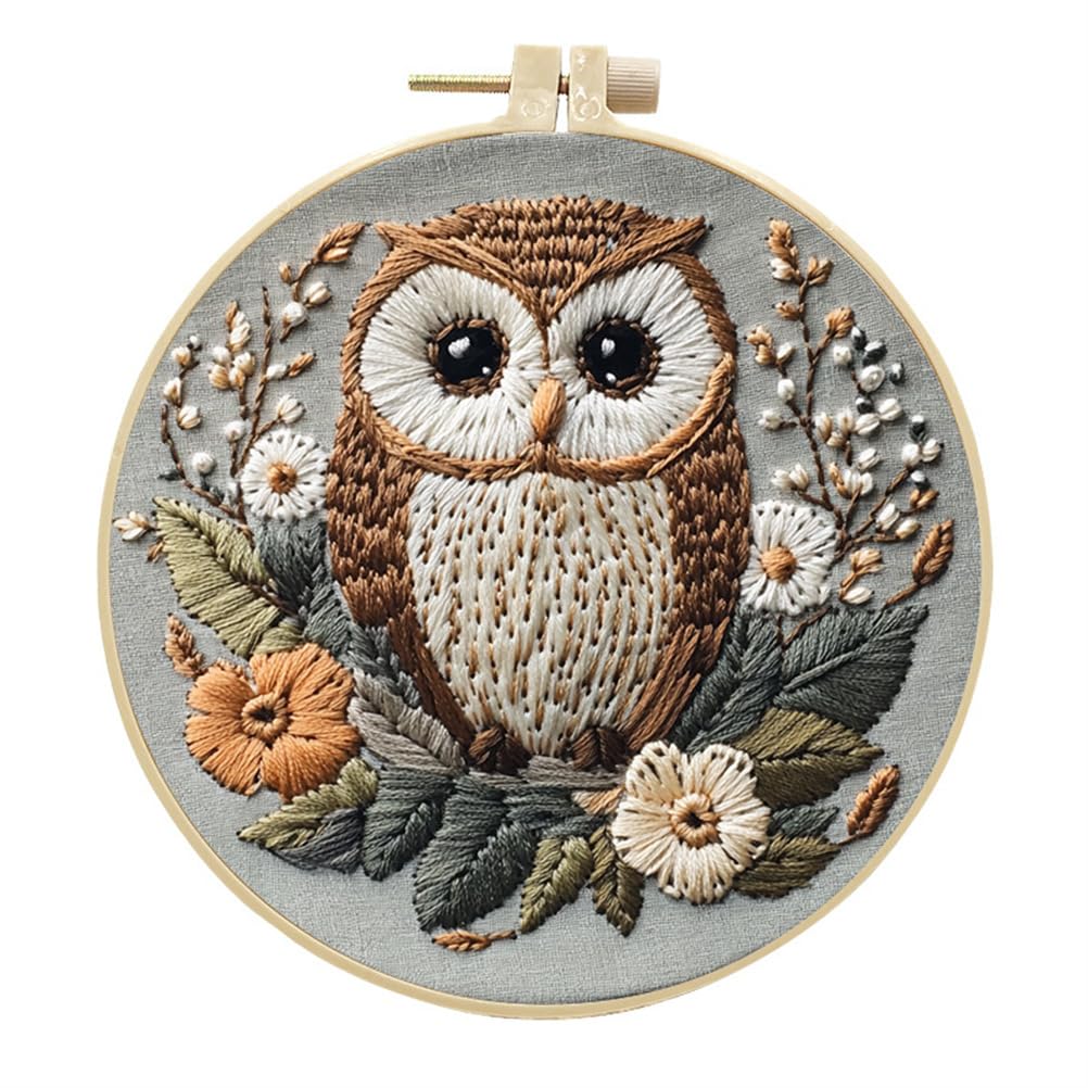 Meecaa Embroidery Kit Starter Set, Hand Embroidery Set, Owl Animal Flower Pattern Printed Cross Stitch Set for Beginner Adults, with Embroidery Hoop and Instructions (Animal)