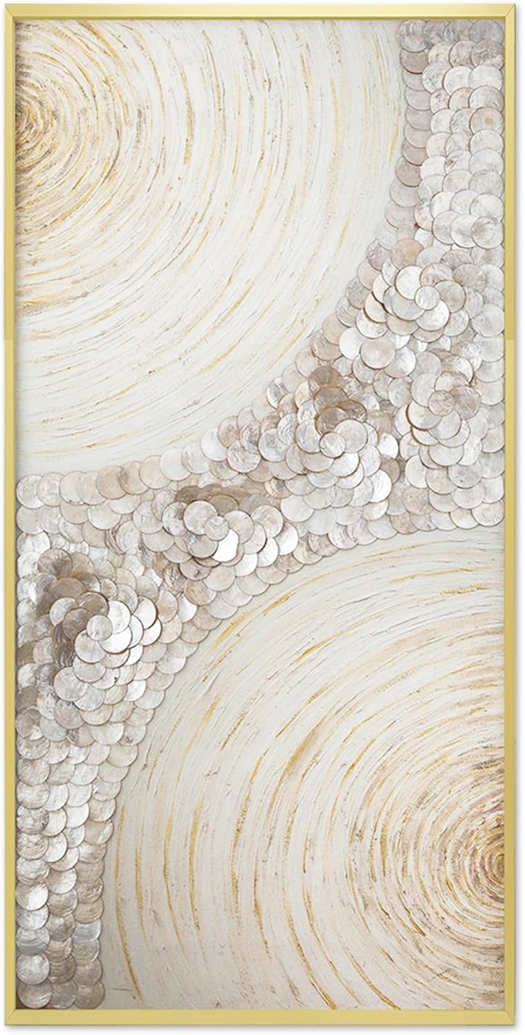 modern abstract hand painting with natural capiz shell wallcapiz shell wall decor framed ocean artwork, 3D Geometric art hand drawn acrylic capiz wall art painting, for LivingRoom,Bedroom, 19.6 x 39.3 Inch,