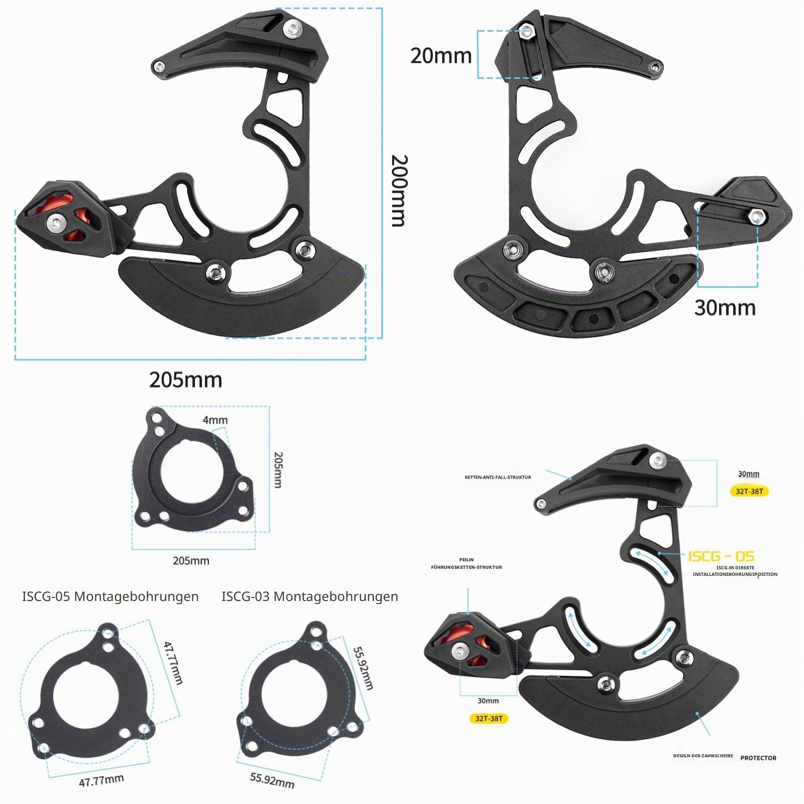 Mountainbike-Kettenführung, Einzelscheibe, Fahrradkettenbehälter | Kompatibel mit 32T-38T Scheibenrotor, einfache Montage auf ISCG03 ISCG05, für Fahrer, MTB-Fahrradkettenschutz