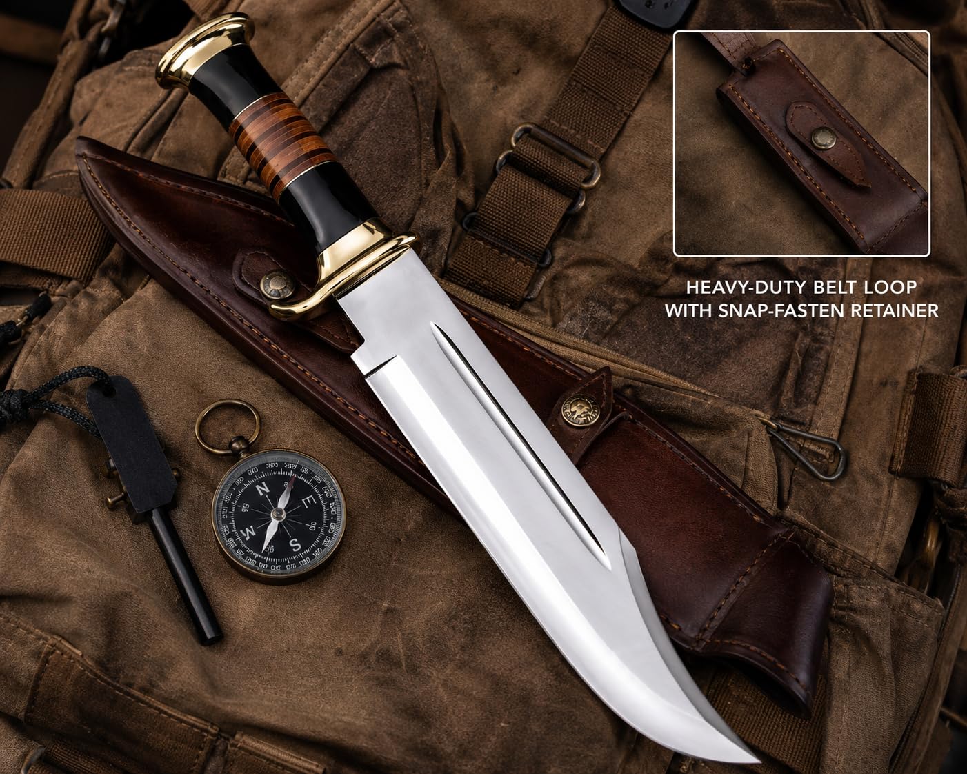 Novahaven Handmade Large Crocodile Hunting & Camping Bowie Knife with Leather Sheath Big Survival Fixed Blade Knife with Leather and Black Micarta Handle for Outdoor Camping Knives For Men