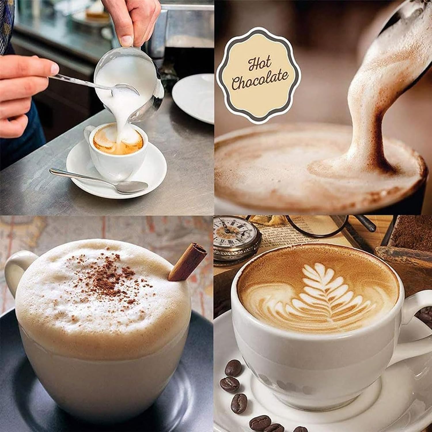 2pcs Milk Frother, Manual Double-Layered Milk Foam Maker, Stainless Steel Hand Milk Frother, Handheld Milk Frothing Pitcher for Hot Chocolate Coffee Latte Cappuccino (silver 400ml*2)