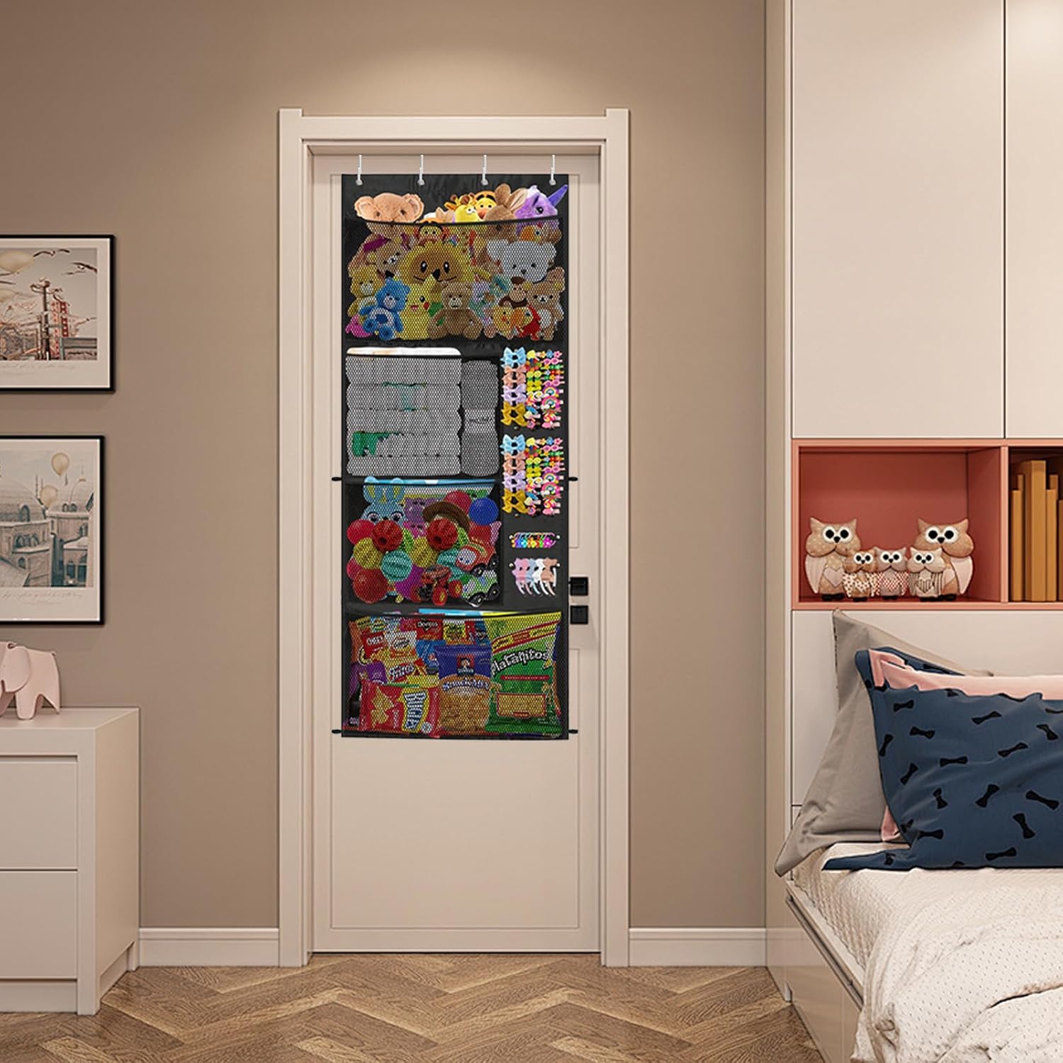 Plush Toy Net, Over Door Storage Bag, Breathable Mesh Organizer, Stuffed Animal Support Pouch, Snack Hair Accessory Holder, Kids Room, Durable Gray Pocket for Family Home Nursery and Organization