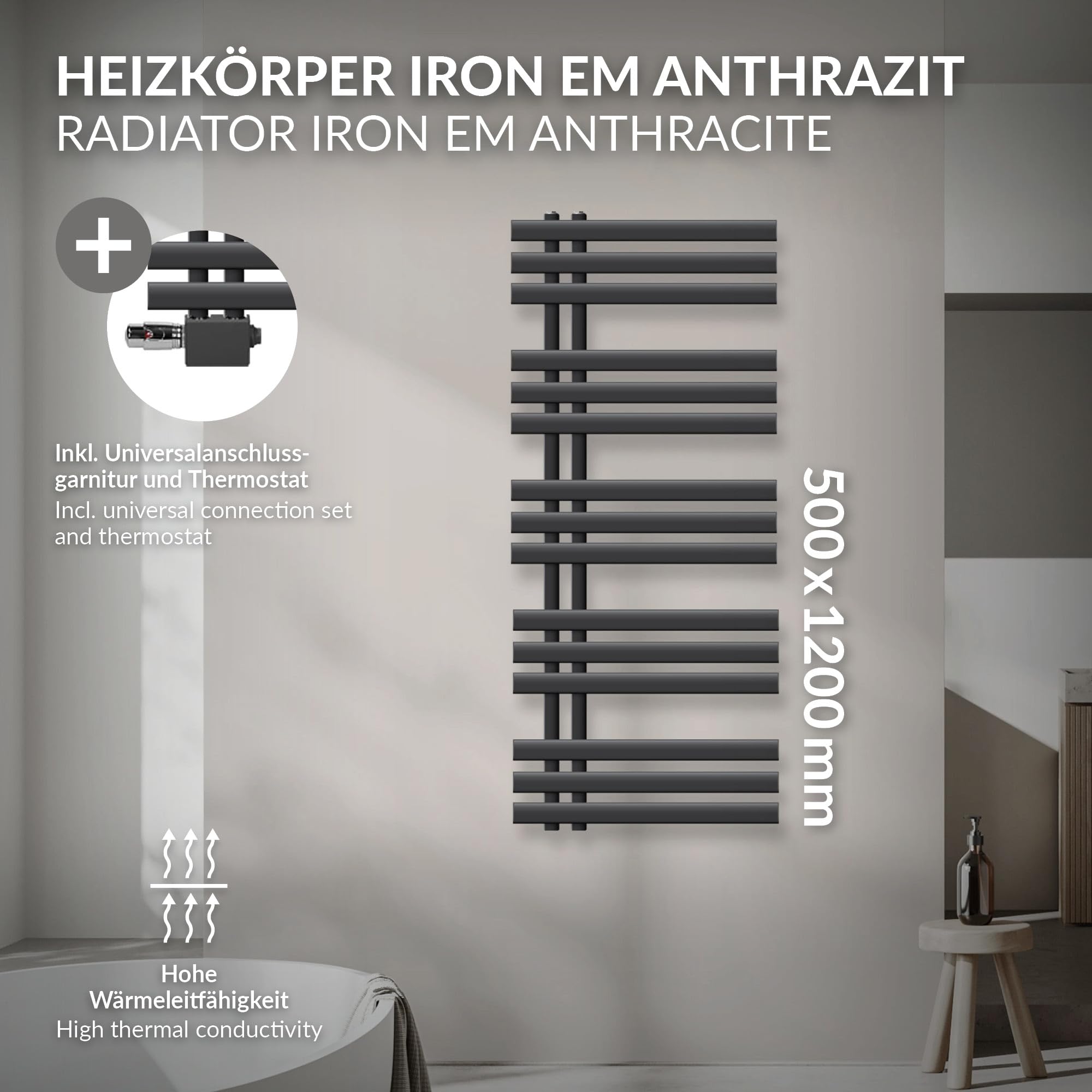 LuxeBath Radiador Toallero de Baño Iron EM 500 x 1200 mm Antracita Estufa con Termostato de Conexión Conexión Central Universal a Pared/Suelo, Calentador Secador de Toallas Kit de Montaje Incluído