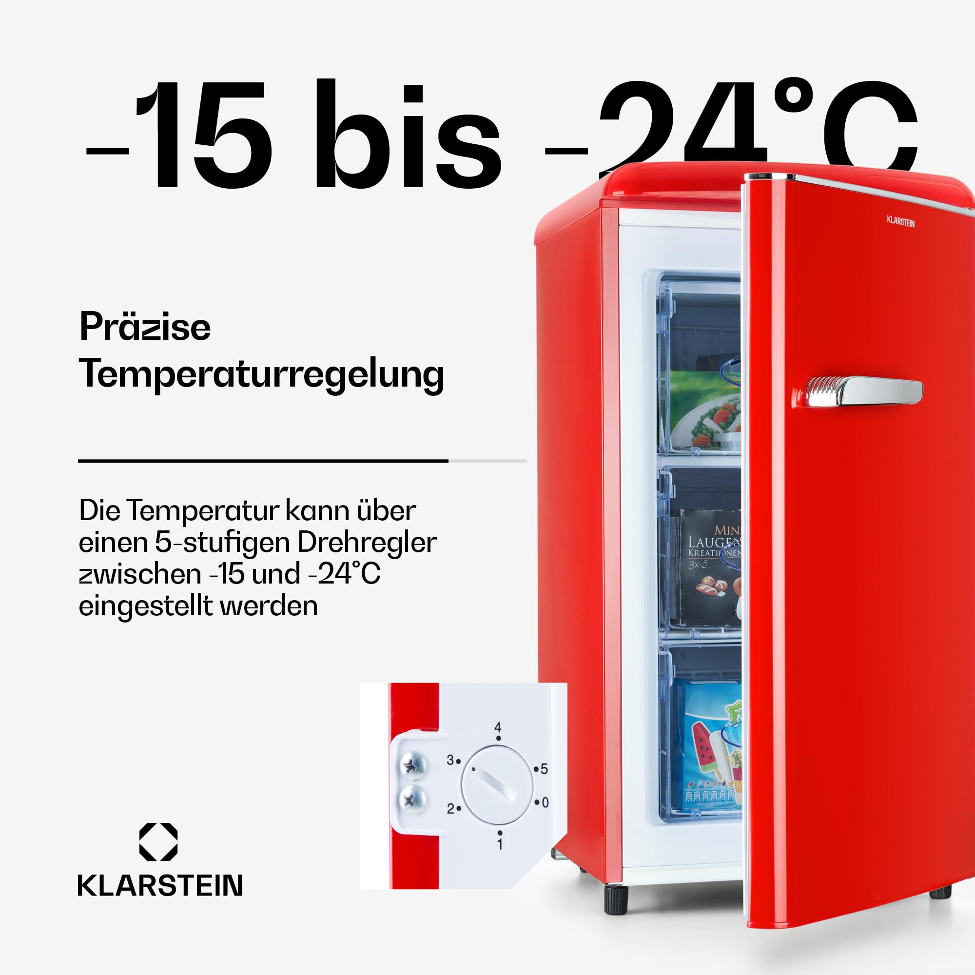 Klarstein Laika Gefrierschrank - 60 Liter Gesamtvolumen, Thermostat mit 5 Stufen, 0 bis -18 °C, 3 Einschübe, freistehend, Retro-Design, rot