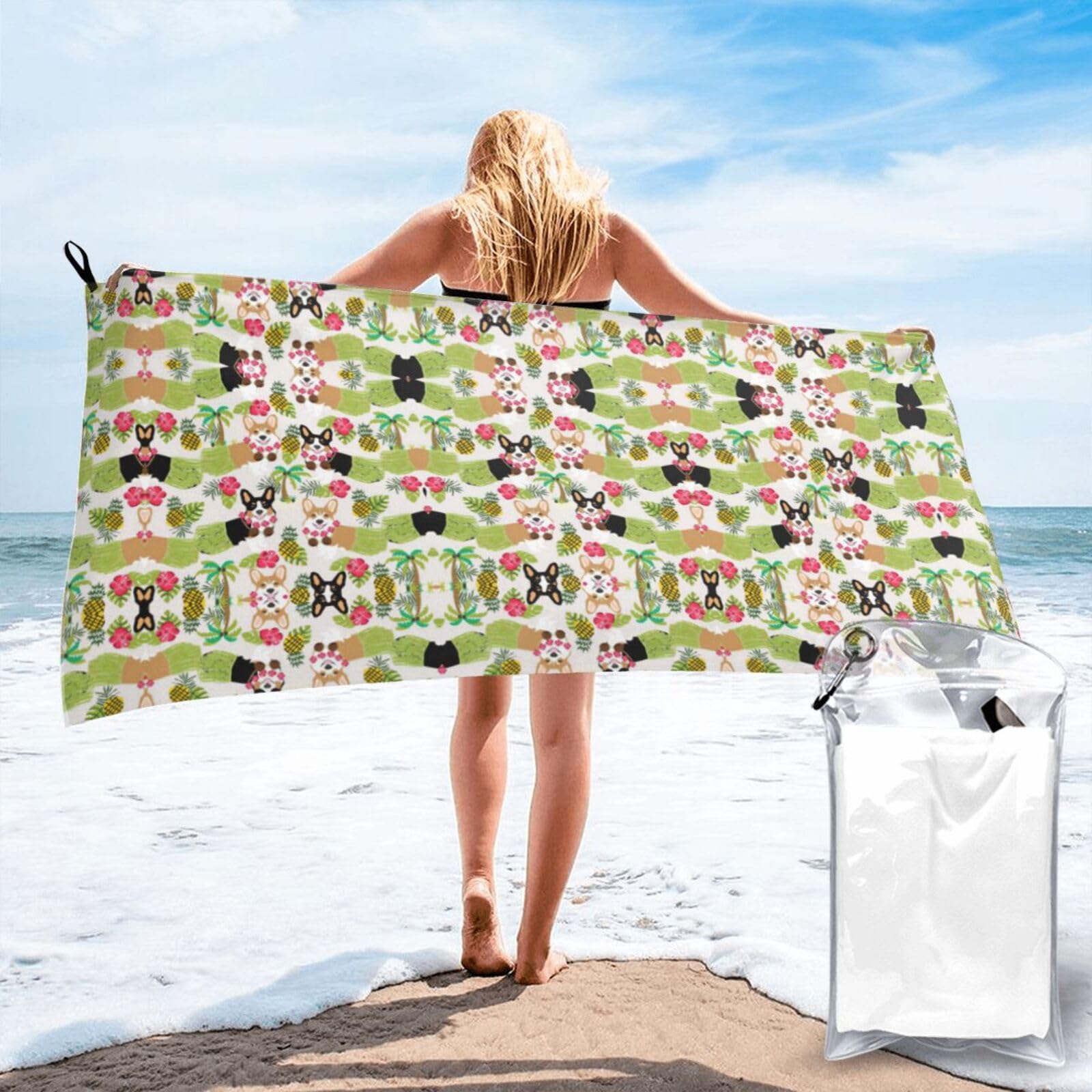 FHIZOAL Corgi Hawaiian Tropical Summer Pineapple Quick Dry Towel Microfibre Towel Super Absorbent Ultra Compact Gym Sports Beach Camping Travel