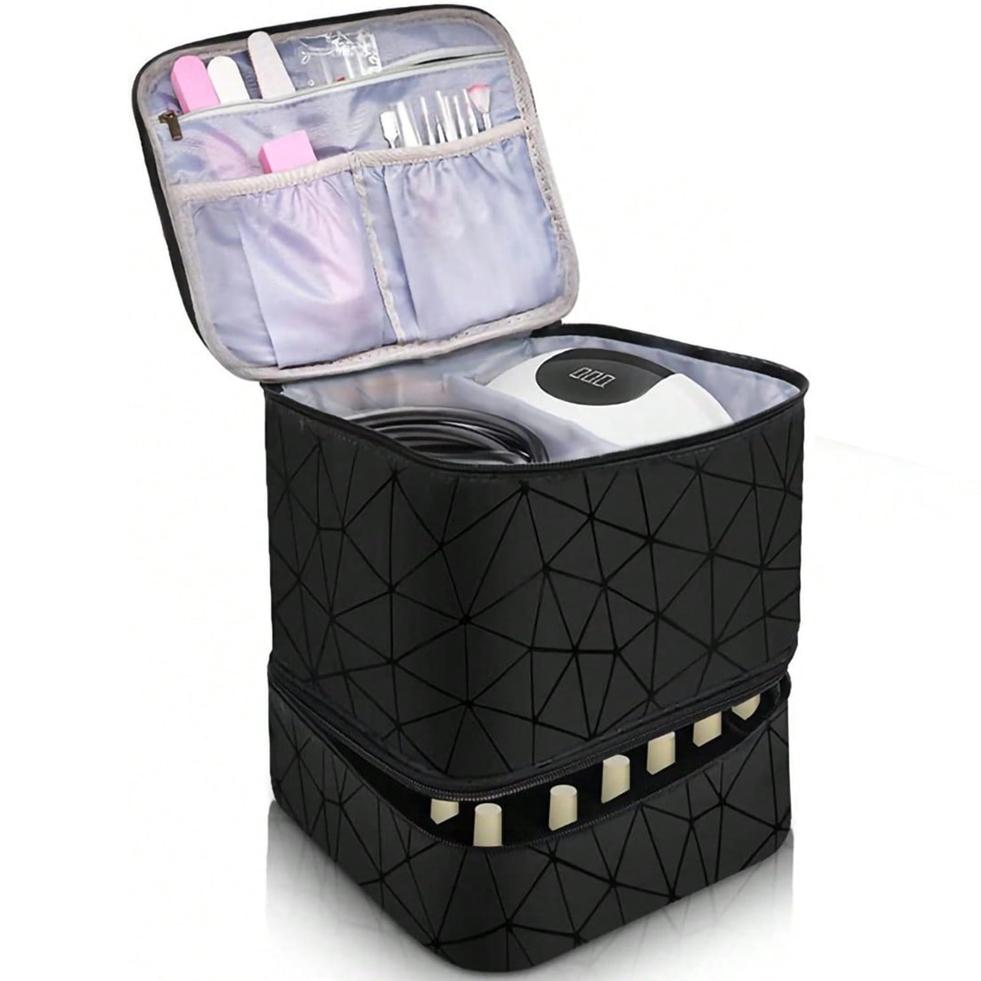 Organizador de esmalte de uñas de doble capa, rejilla de diamante negro, funda de transporte de esmalte de uñas, bolsa organizadora de maquillaje, bolsa de viaje de doble capa, bolsas de