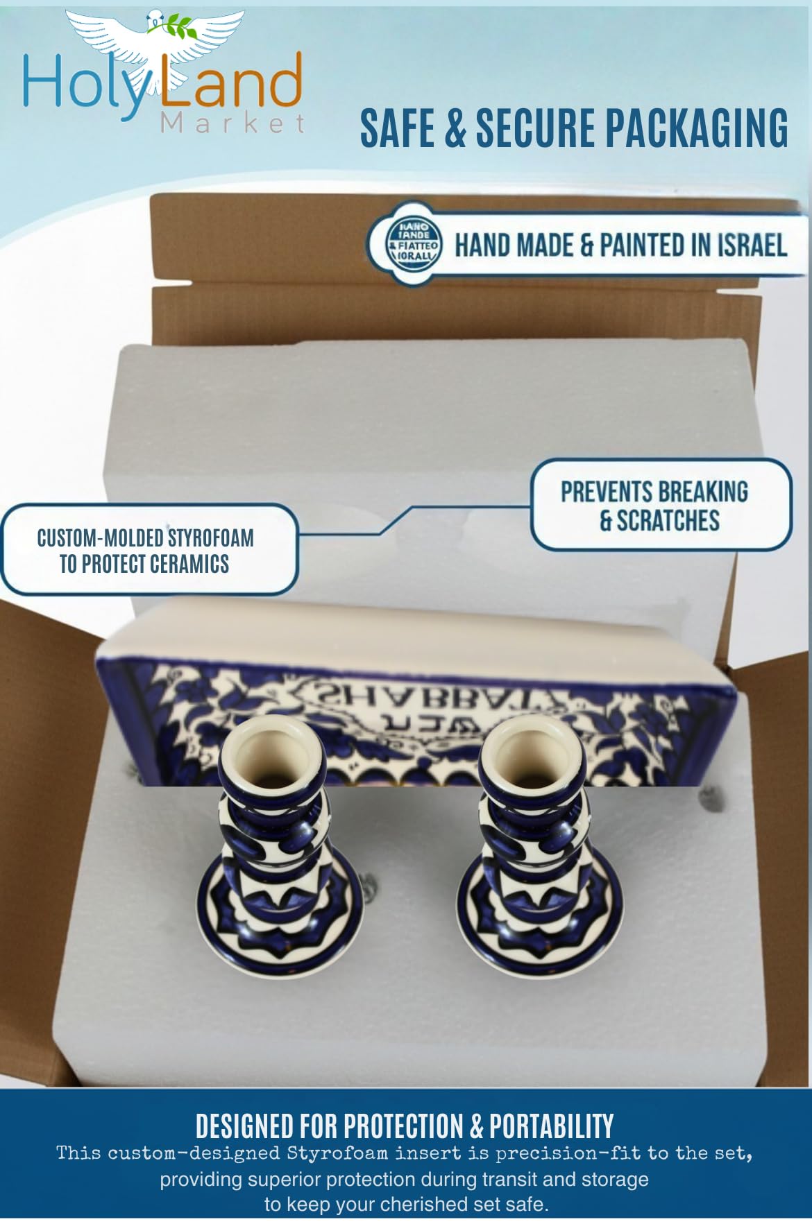 Holy Land Market Shabbat Kerzenständer Set Keramik Blau Kerzenhalter