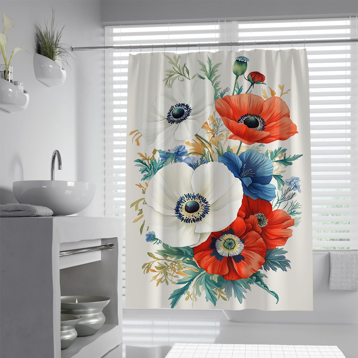 UIRINGART Red White Blue Shower Curtain W90xL180cm Colorful Poppy Floral Print Water Repellent Polyester Mildew Resistant Bathroom Shower Liner with Hooks