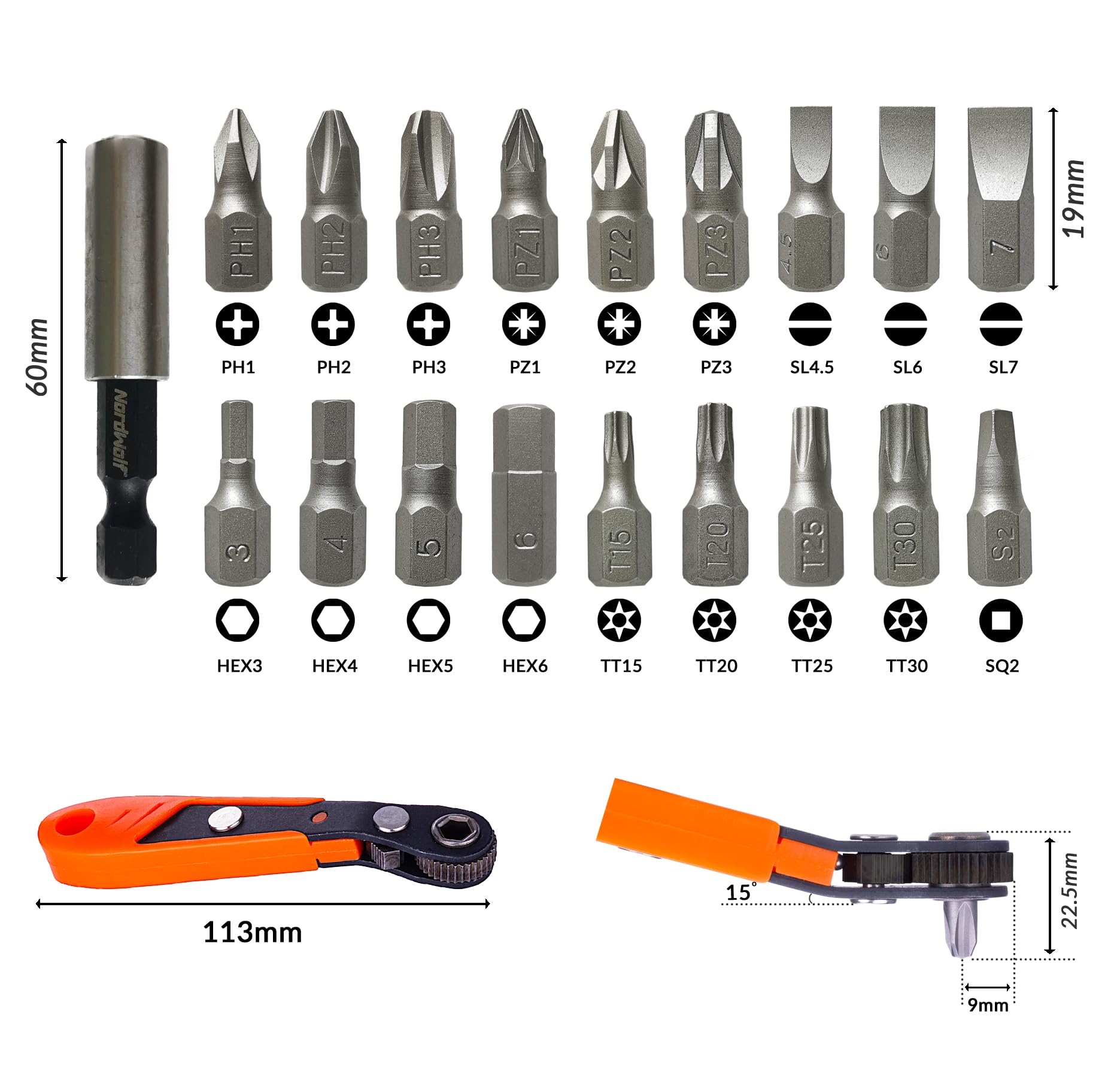 NordWolf Juego de 20 puntas de destornillador de perfil bajo de 19 mm con mini llave de trinquete reversible, ángulo de desplazamiento a 15 grados para trabajar en espacios reducidos y superficies