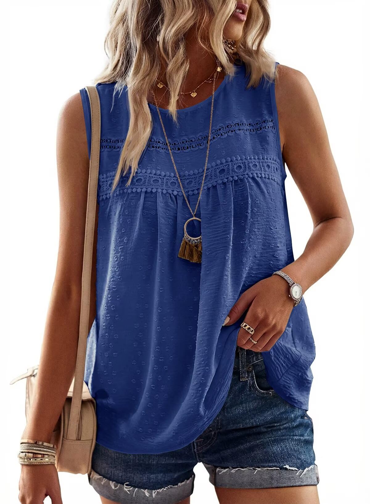 Falechay Tank Tops for Women Flowy Boho Cute Swiss Dots Sleeveless Shirts