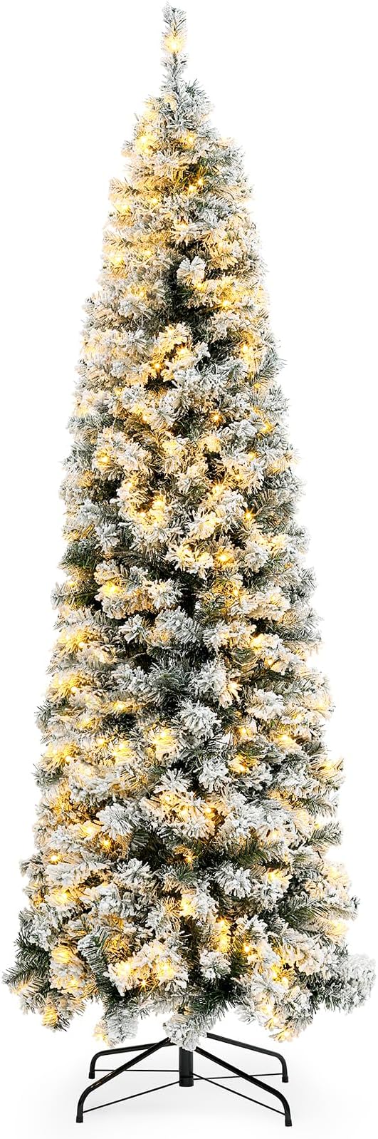 6.5ft Pre-lit Snow Flocked Pencil Christmas Tree Fir Hinged Slim Corner Xmas Tree Holiday Decoration with 250 Incandescent Warm White Lights & 727 Snow Branch Tips, White (6.5ft)