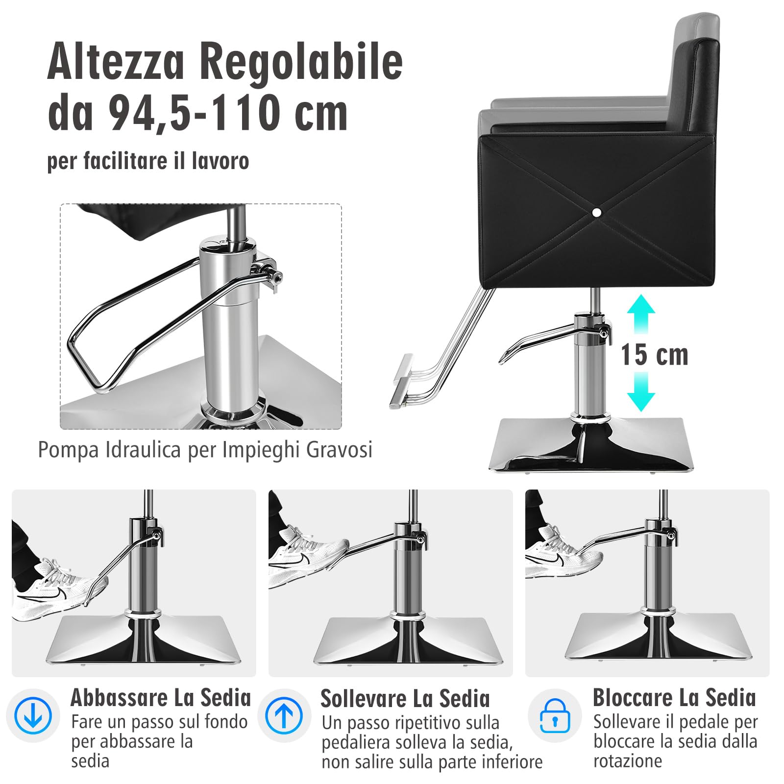 COSTWAY Poltrona da Parrucchiere, Poltrona da Barbiere con Altezza Regolabile, Sedia da Barbiere Girevole a 360°, con Pompa Idraulica Pesante, per Parrucchiere, Portata 150 kg (Nero)