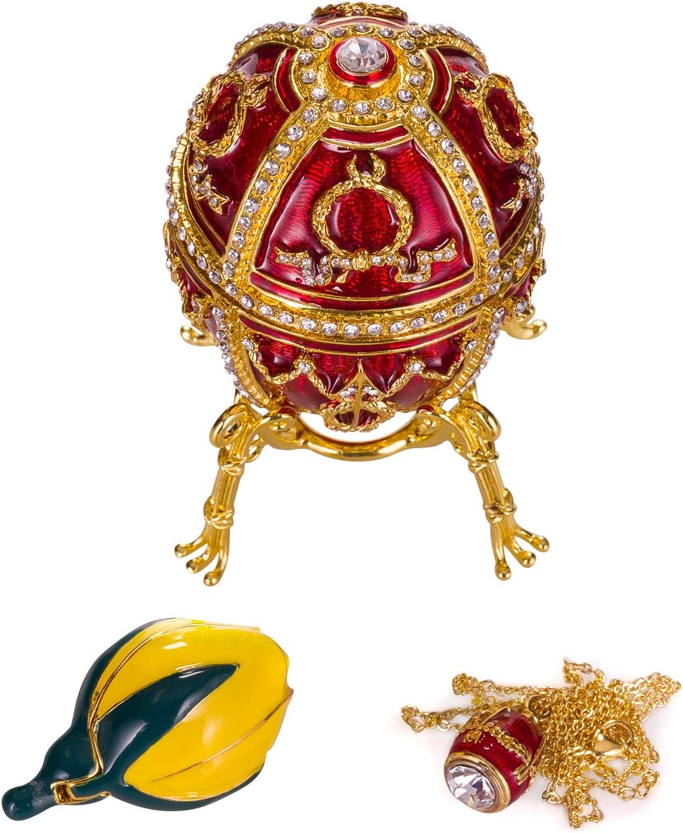 Top Brands Russian Faberge Style Rosebud Egg / Trinket Jewel Box with Flower and Pendant 3.8'' red