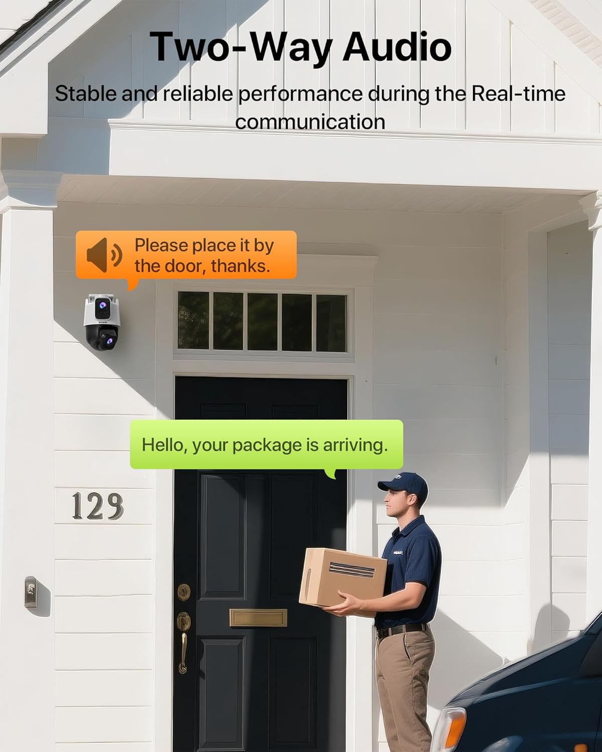 Tenda CH9 camera facilitating two-way audio communication with a delivery person
