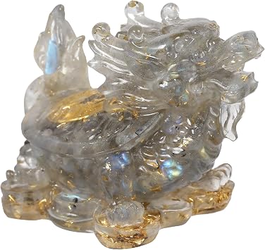 Amogeeli Orgone Dragon Turtle Labradorite Crystal Statue Resin Animal Stone Figurine Feng Shui Ornament Good Luck for Home Office Decor