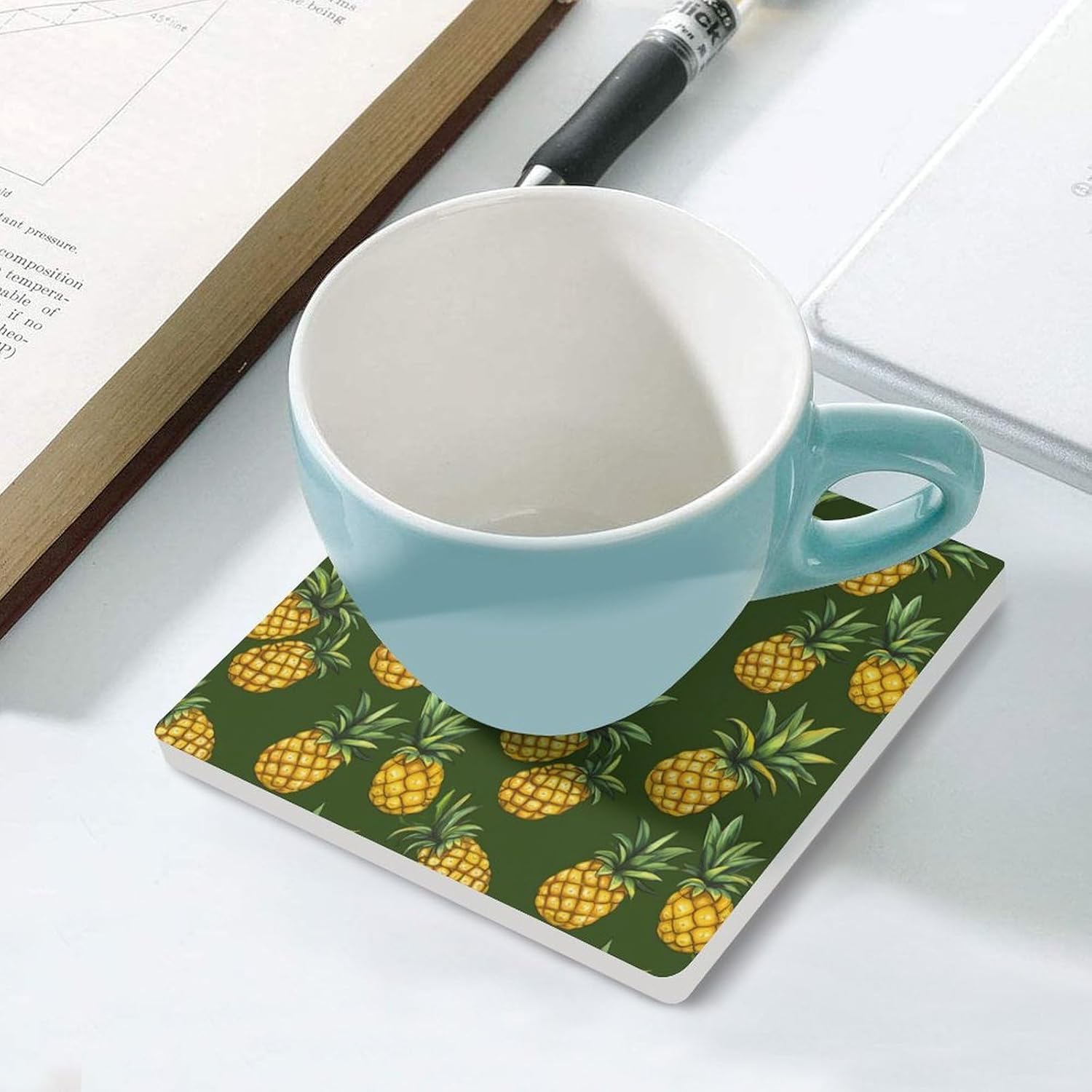 Pineapple Ceramic Coasters Set Square Drink Coasters Table Coaster for Kitchen Desktop Decor