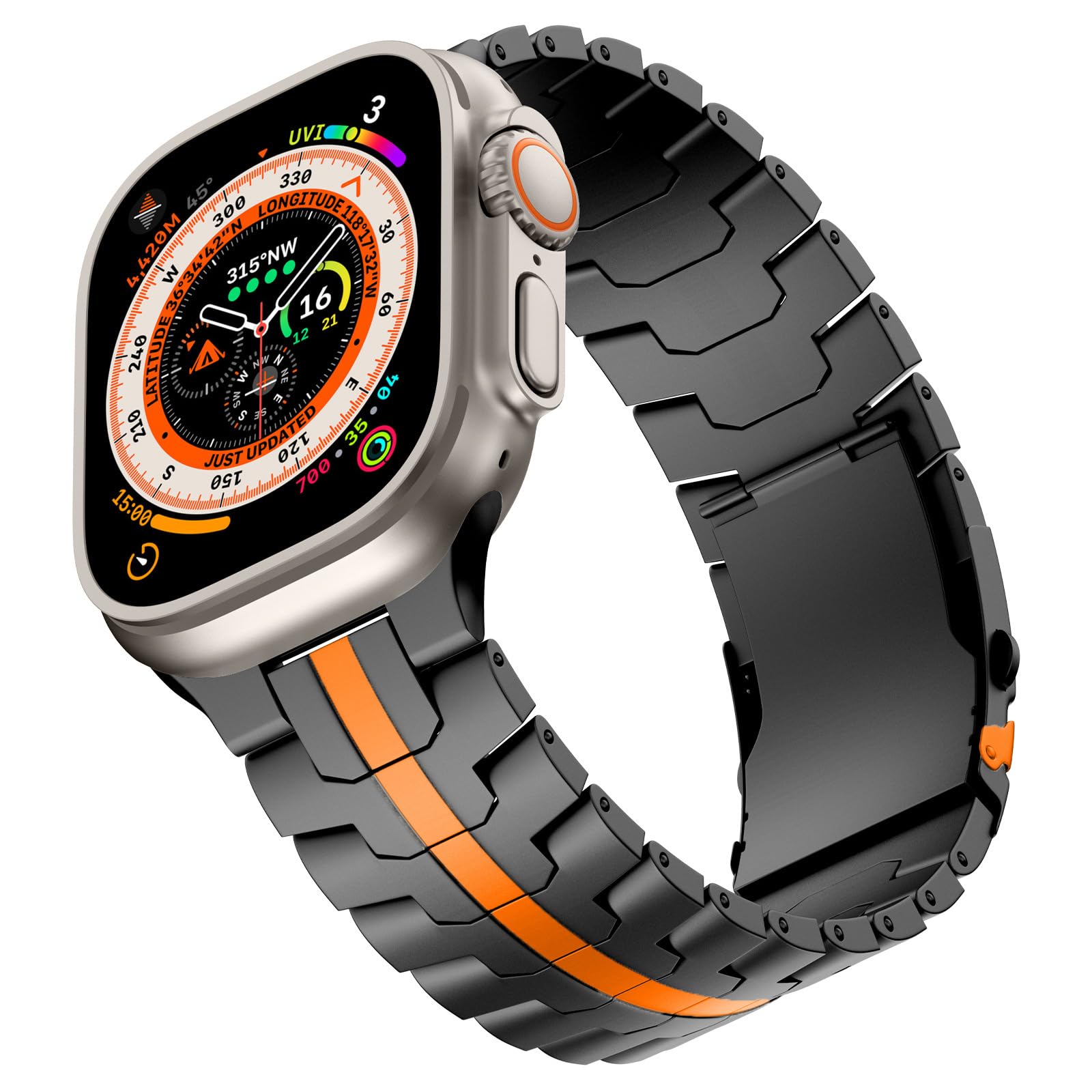 Titanium Watch Band Compatible with Apple Watch Ultra 2/1 49mm, 45mm, 44mm, 42mm – Aerospace Grade Metal Link Bracelet with Safety Clasp and Sizing Tool (Black/Orange)