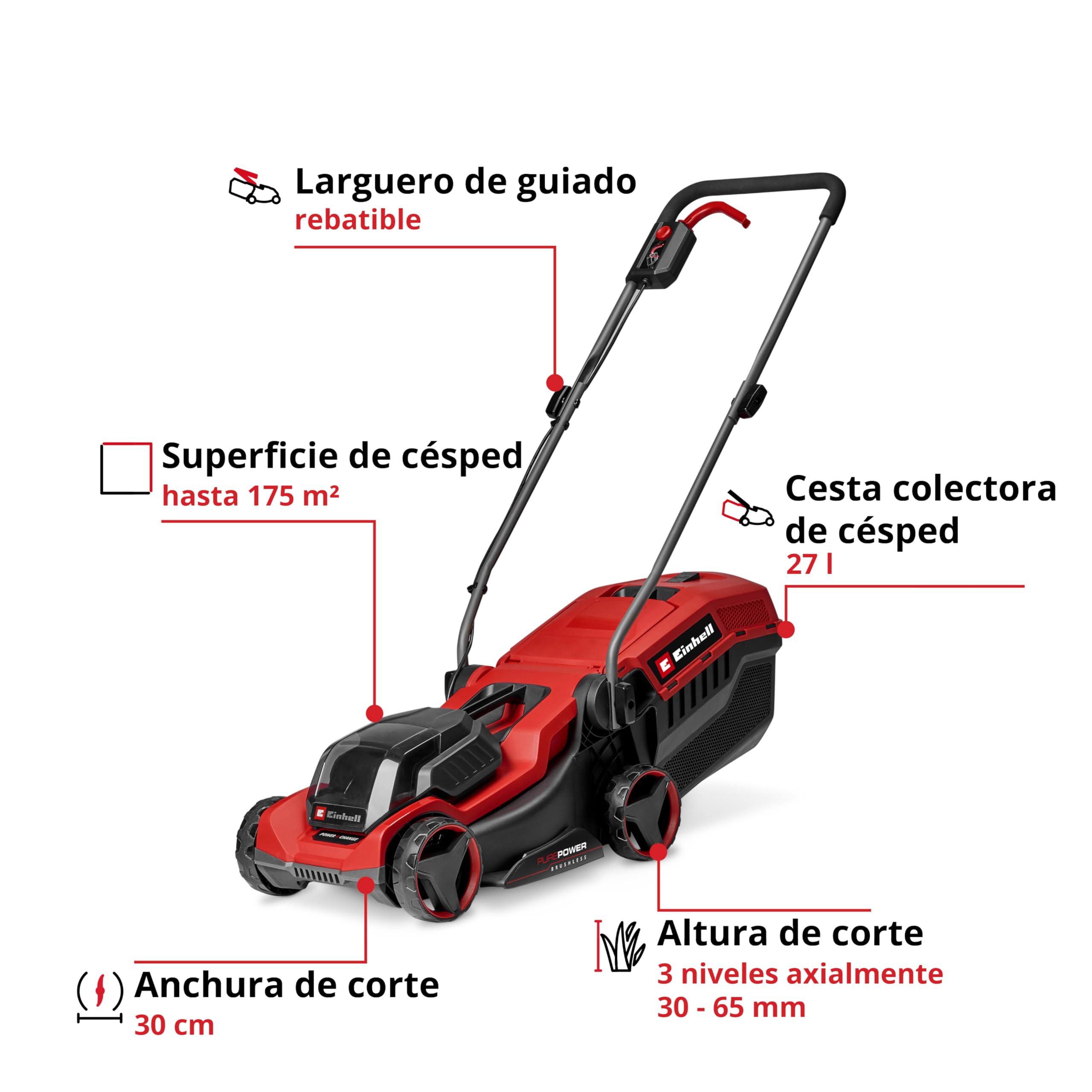 Einhell cortacésped con batería GE-CM 18/30-1 Li BL-Solo Power X-Change (18 V, 30 cm de Ancho de Corte, hasta 175 m2, brushless, Cesta 27 l, Altura de Corte 30-65 mm, sin batería)