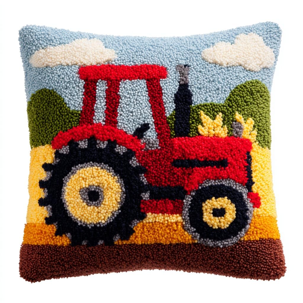 Taxpy Latch Hook Kits, Cartoon Tractor Pillow Cover DIY Crochet Hook Cushion Rug Making Kits with Printed Pattern Canvas Needlework Hooking Adorment 43x43cm
