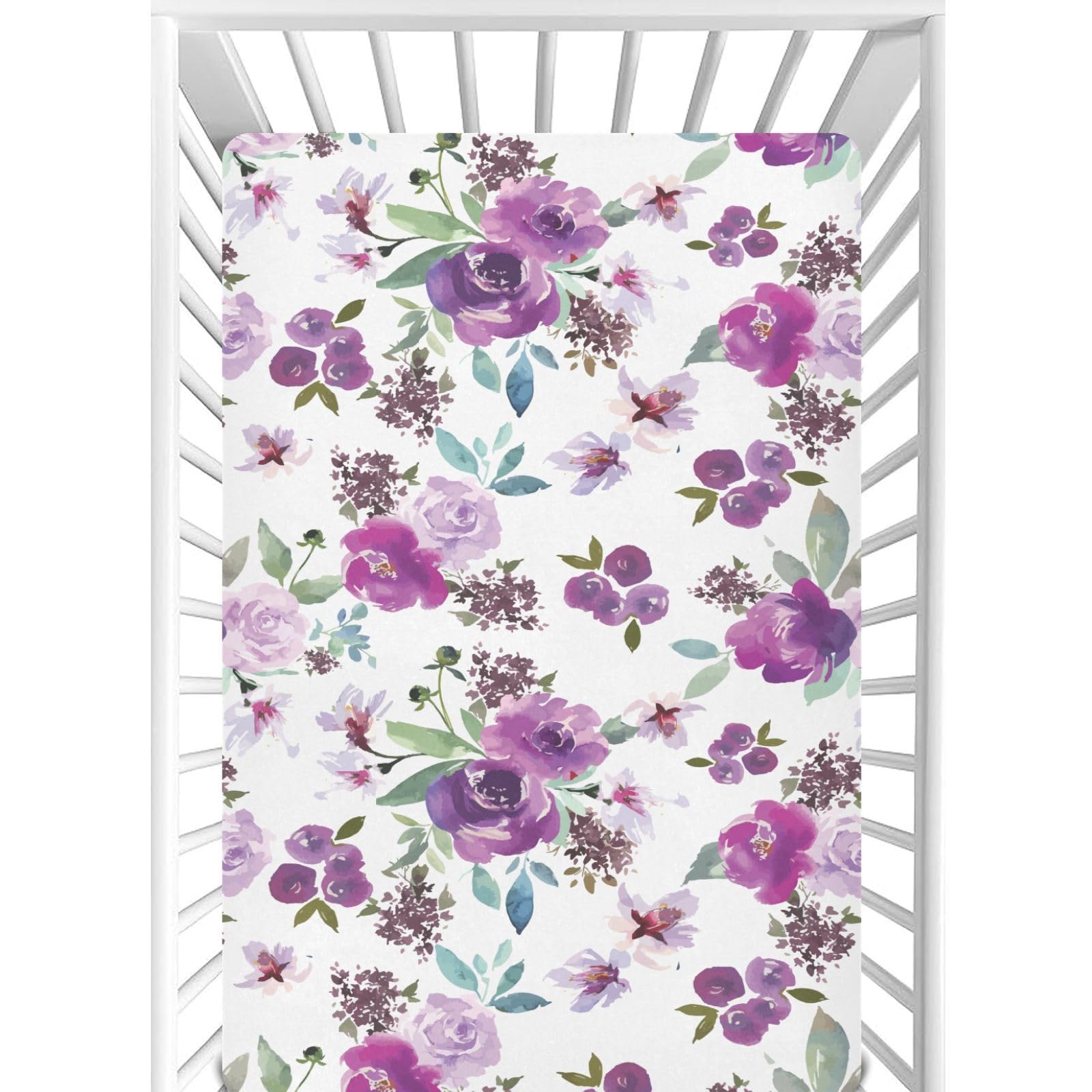 CaTaKu Purple Flower Farmhouse Mini Crib Sheets for Girls Boys Baby Mattress Sheets Fitted, Soft Toddler Nursery Bed Sheets Neutral 28"x 52"