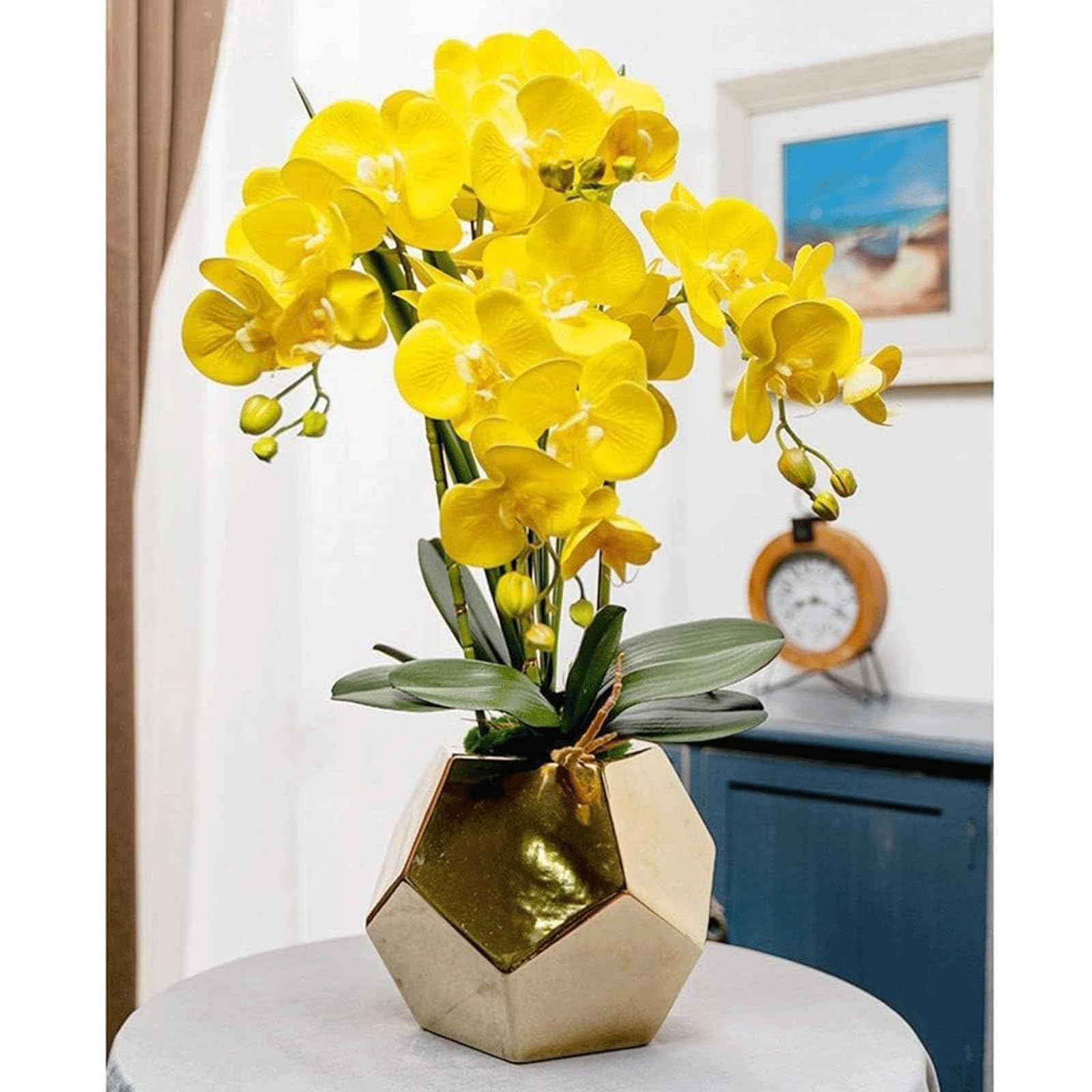Künstliche Orchideen, gelbe künstliche Orchidee, künstliche Blumen aus Polyurethan, Keramikvase, künstliche Phalaenopsis-Blumen, gefälschte Blumen