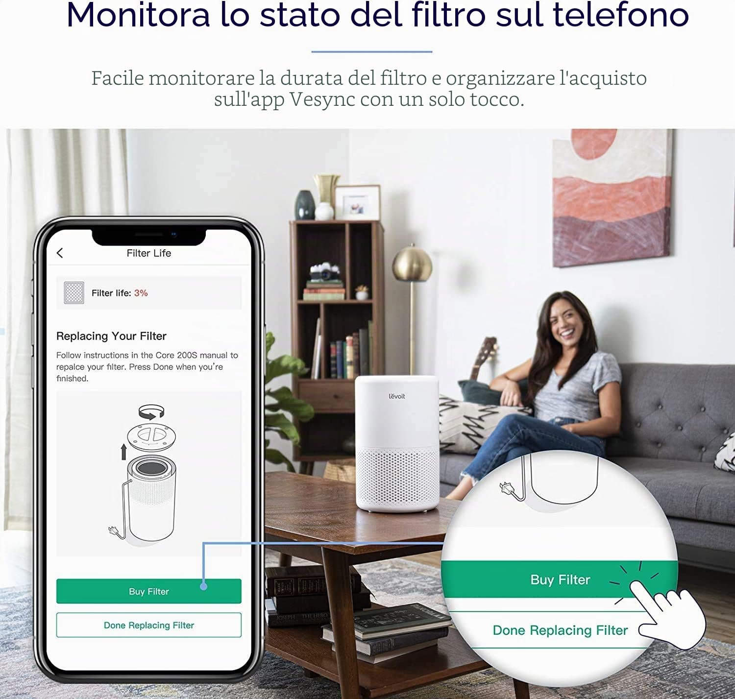 LEVOIT Core 200S-RF Filtro purificatore d'aria, HEPA 3 in 1, carbone attivo ad alta efficienza, bianco [classe energetica A++]