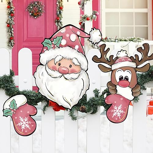 Miniatura 7 de Letrero de jardín de Navidad rosa con diseño de Papá Noel para patio, guantes de Navidad, alce, reno, adorno para decoración de árbol de patio al