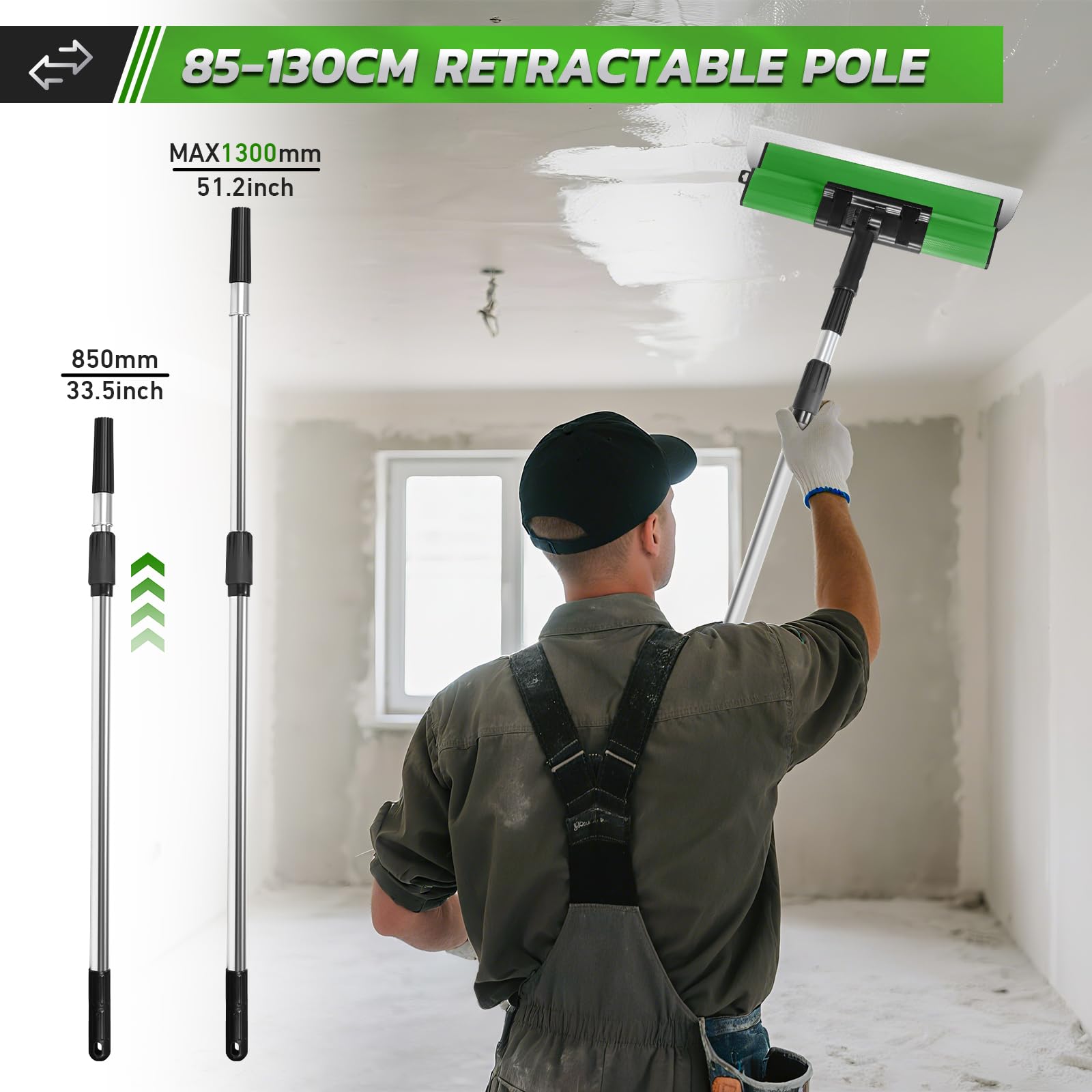 Set spatole professionali per superfici in valigetta - 5 spatole per superfici (190mm mezzaluna, 250mm, 400mm, 600mm, 800mm) - 2x spatole manuali - asta telescopica in alluminio (Verde 5 pcs)