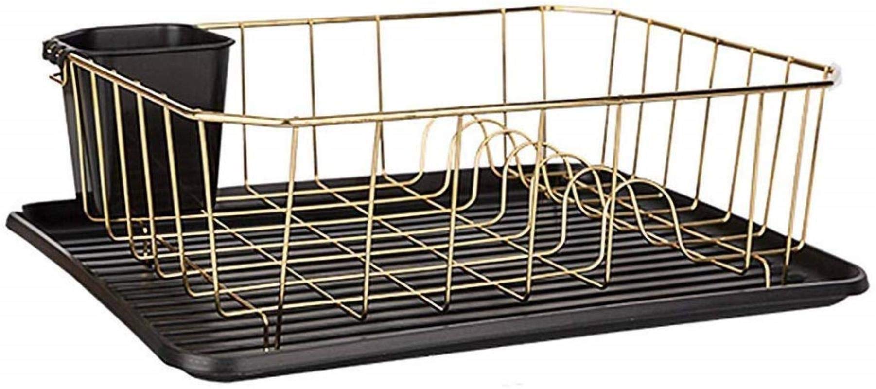 CCJW Kitchen Sink Dish Drainer Drying Rack with Drip Tray and Full-Mesh Silverware Basket,Gold