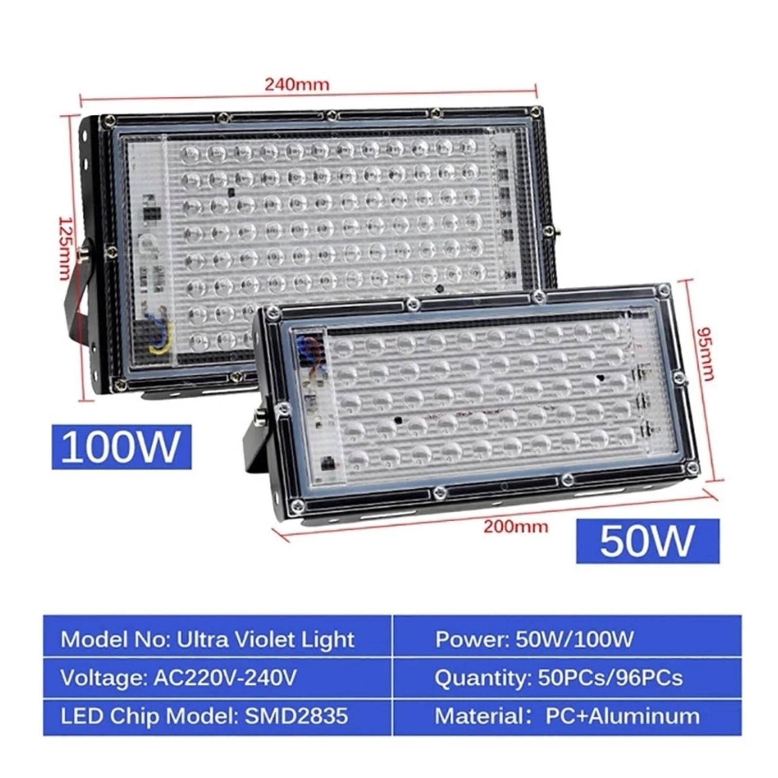 Luz negra LED UV de 100 W, 200 W, IP65, resistente al agua, for escenarios, fiestas, bailes, DJ, discotecas, bares, pinturas corporales, carteles fluorescentes Recinto de curado DIY(Silver_200W 220V)